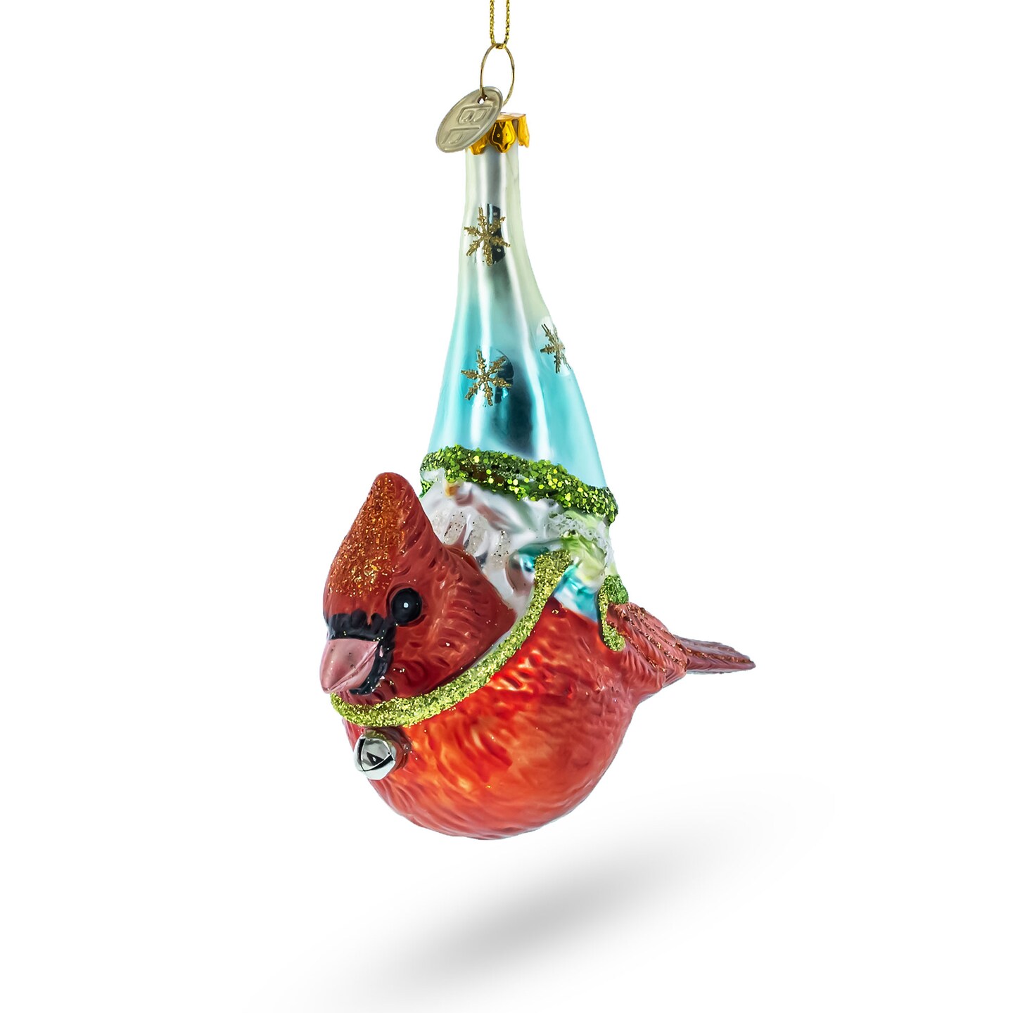 Scandinavian Gnome Sailing Atop a Cardinal Bird Blown Glass Christmas Ornament