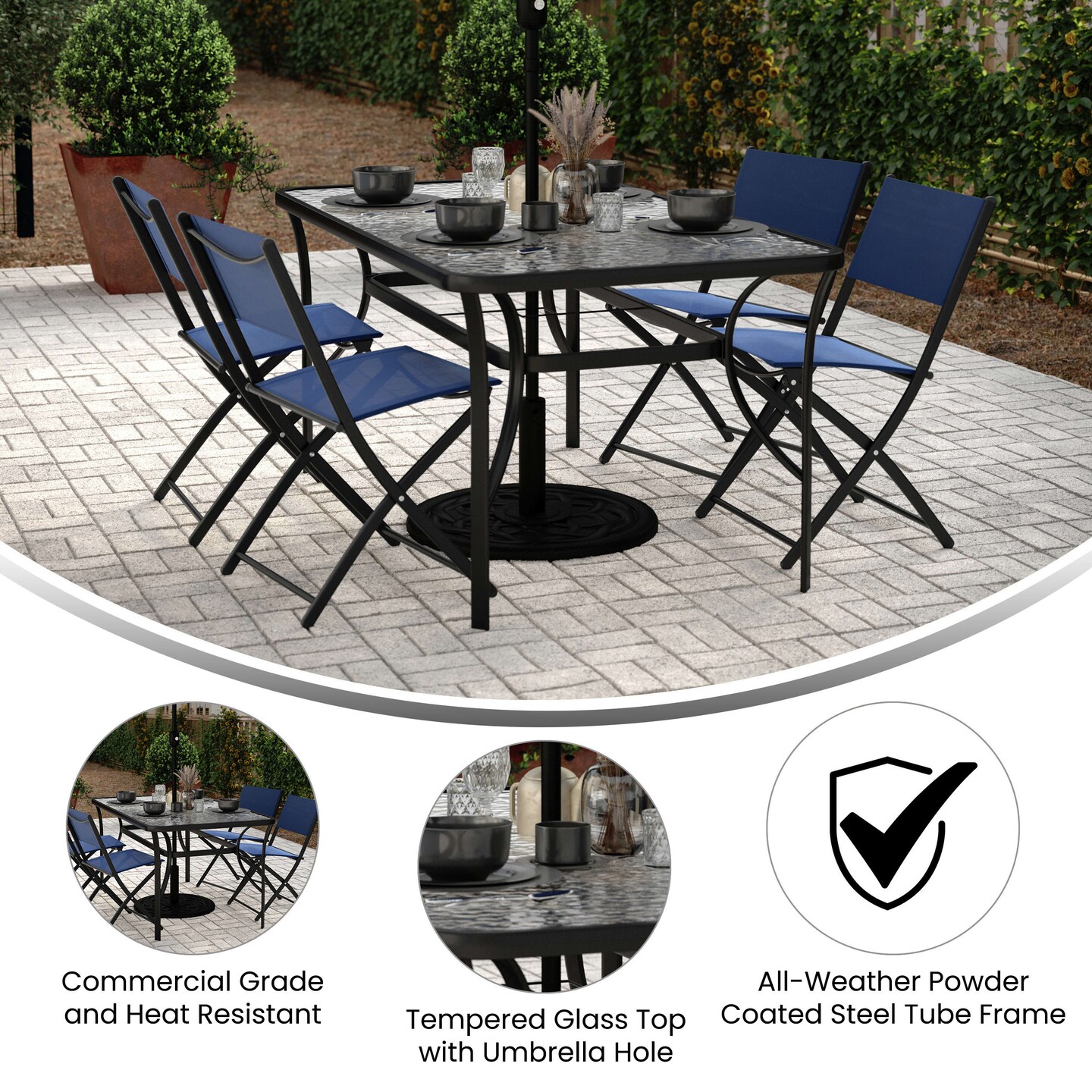 Emma and Oliver Tala Rectangular Tempered Glass Top Patio Table with Umbrella Hole and Black Steel Tube Frame