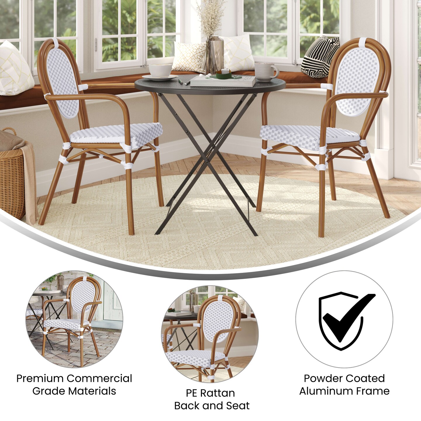 Merrick Lane Celia Set of Two Stacking Thonet Bistro Style Chair with Arms, PE Rattan Seat, and Metal Frame for Indoor/Outdoor Use