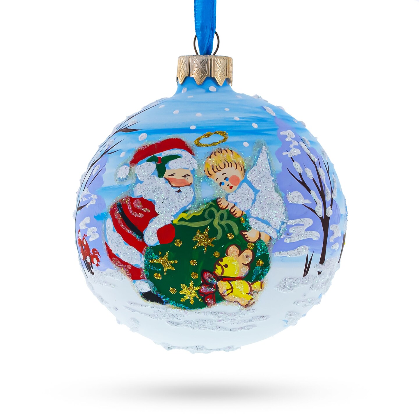 Angel Helping Santa with Gifts Glass Ball Christmas Ornament 3.25 Inches