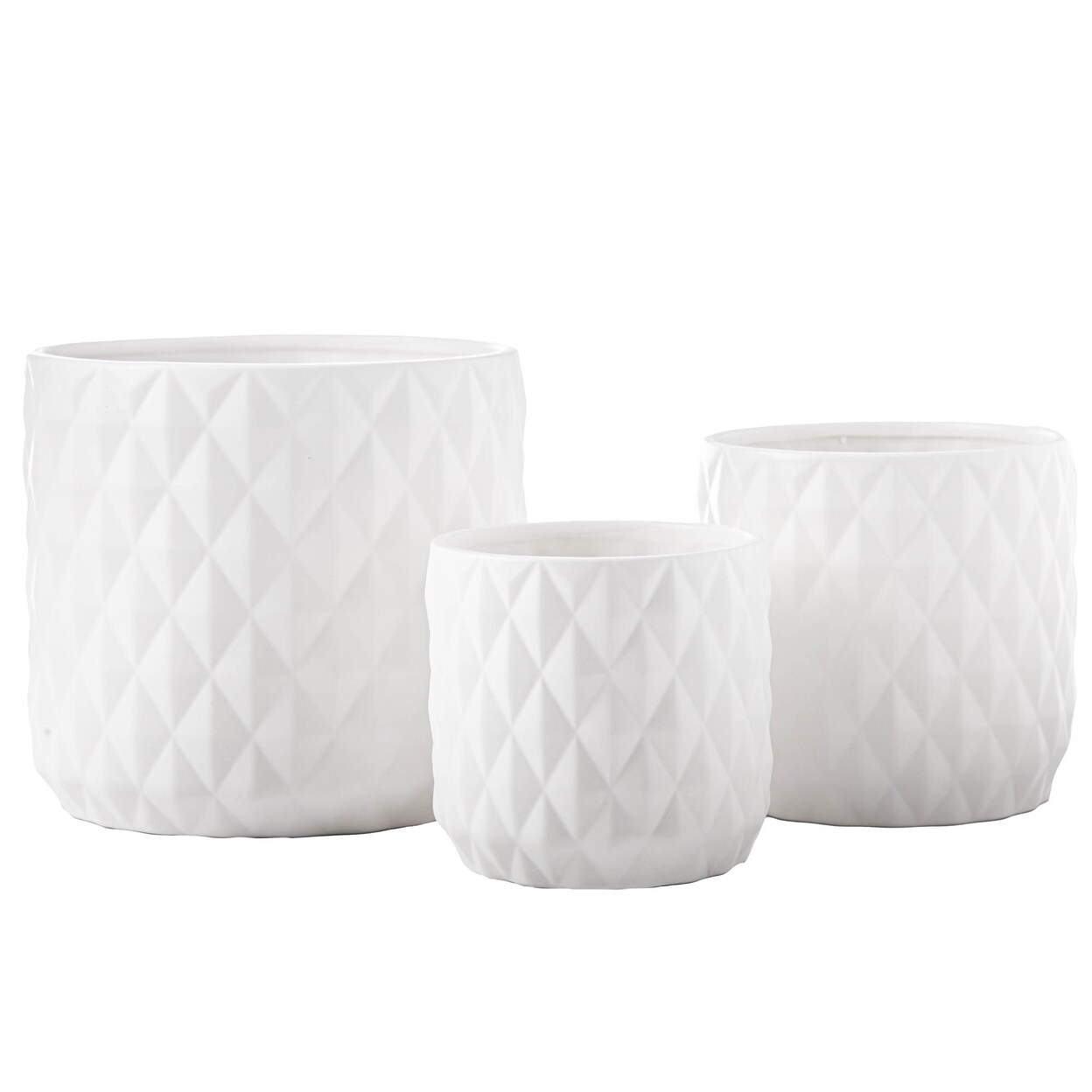 Urban Trends Collection Ceramic Round Pot with Embossed Diamond Geometrical Pattern Design Body Set of Three Matte Finish - White