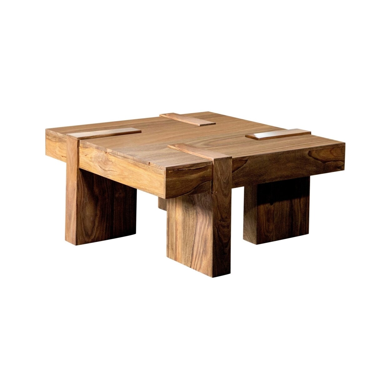 Saltoro Sherpi 37 Inch Modern Square Coffee Table, Block Style Panel Wood Base, Brown-