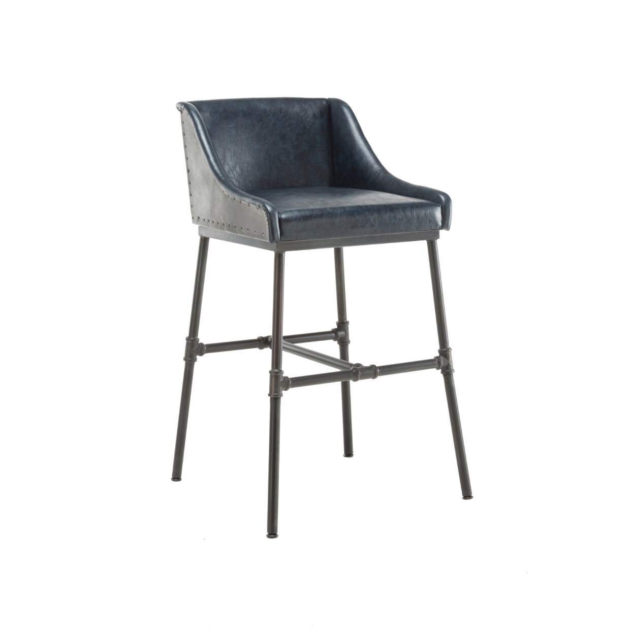 Saltoro Sherpi Leatherette Bar Stool with Riveted Metal Backing, Blue and Black-