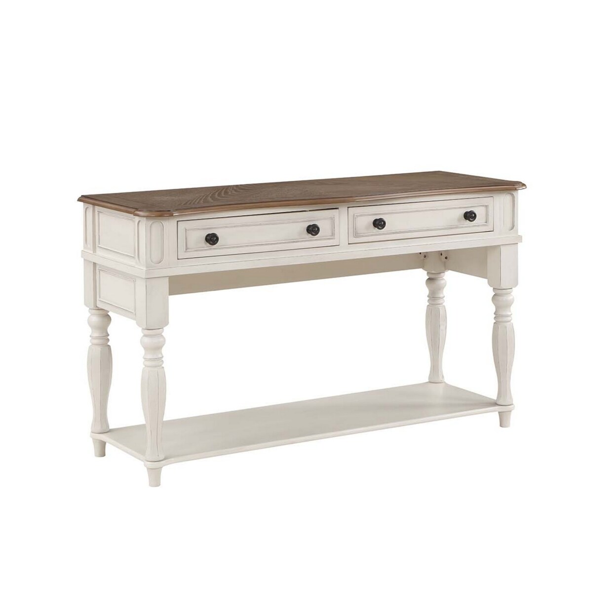 Saltoro Sherpi Rigel 54 Inch Sofa Table, Bottom Shelf, 2 Drawers, Classic White, Oak Brown-