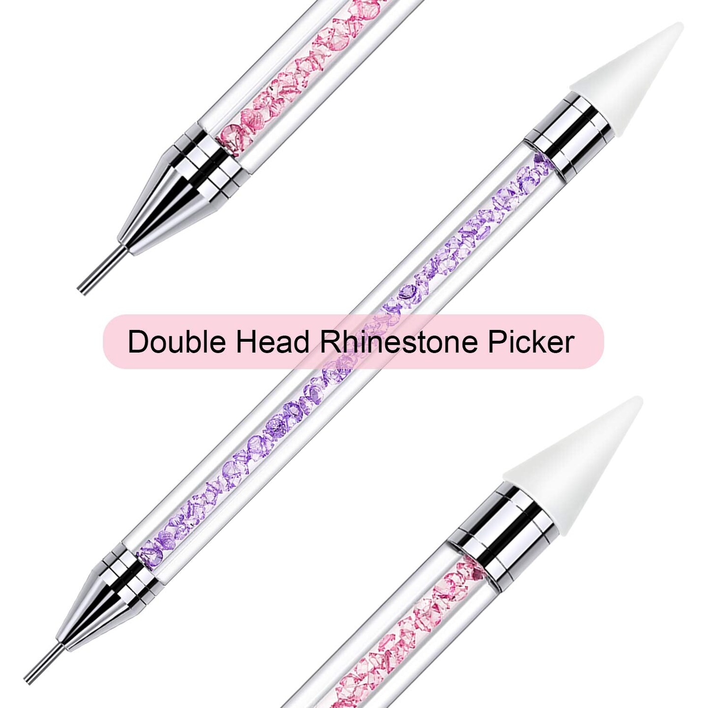 2 PCS Rhinestone Picker Dotting Pen, Dual-ended Rhinestone Gems Crystals Studs Picker Wax Pencil Pen Crystal Beads Handle Manicure Nail Art DIY Decoration Tool (Pink Purple)