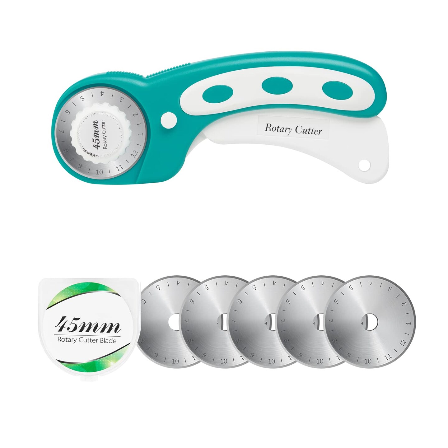 45mm Rotary Cutter with 5pcs Extra Blades, Ergonomic Handle Rolling Cutter with Safety Lock for Fabric, Leather, Crafting, Sewing, Quilting, Fabric Rotary Cutter Perfect for Left &#x26; Right Hand (Green)