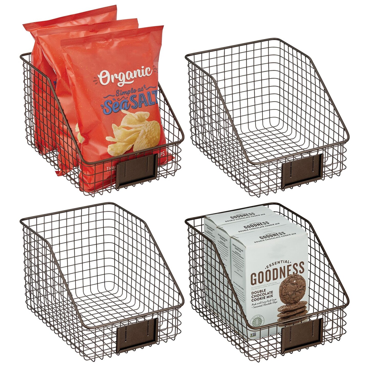 mDesign Slanted Front Kitchen Pantry Storage Organizer Basket - 4 Pack