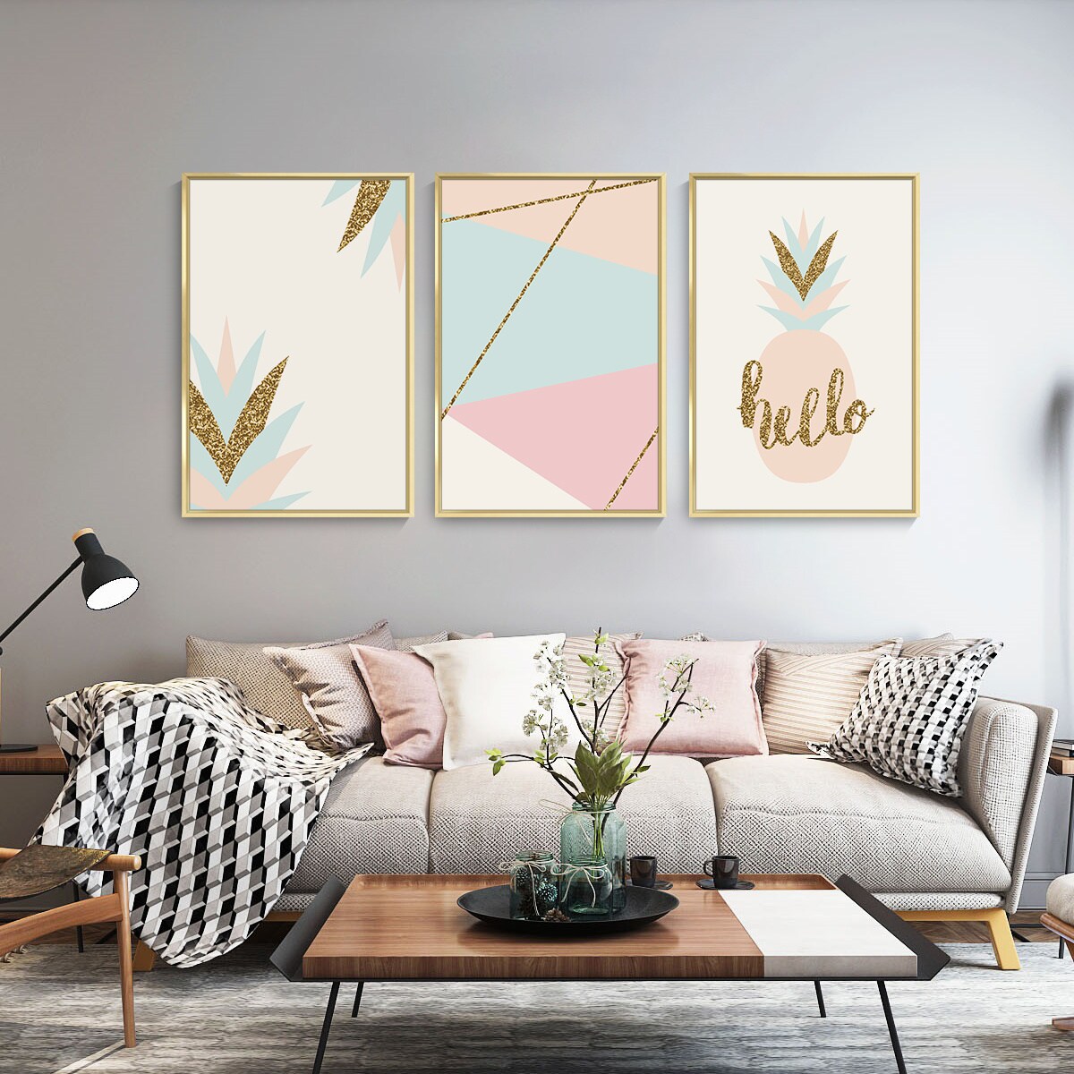 3 Set Framed Canvas Wall Art Oil Paintings - Gold Glitter