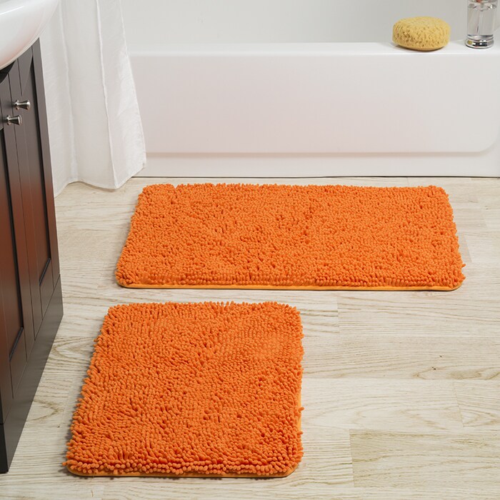 Lavish Home 2 Piece Memory Foam Shag Bath Mat Set Orange Non-Slip Rugs