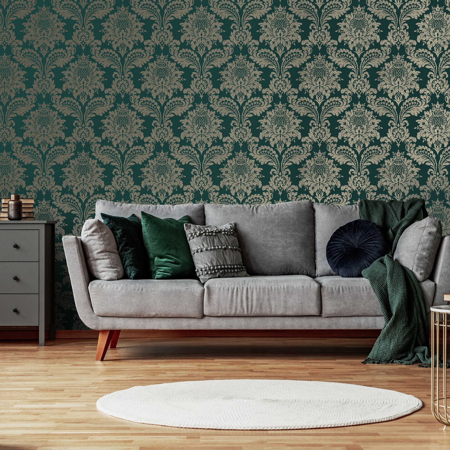 Archive Damask Teal and Gold Wallpaper