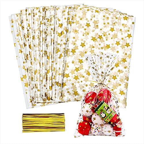 100 Pieces Clear 5&#x22;X 11&#x22; Flat Gift Wrap Cellophane Bags Cello Bags Cookie Bags Treat Bags with Twist Ties Poly Bag 1.3 mil for Bakery, Cookie, Candies Gold Star Printed