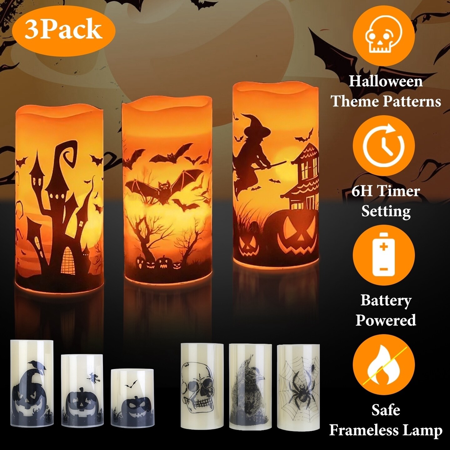Global Phoenix 3 Pack Halloween Flameless Candle Lamp with Timer ...
