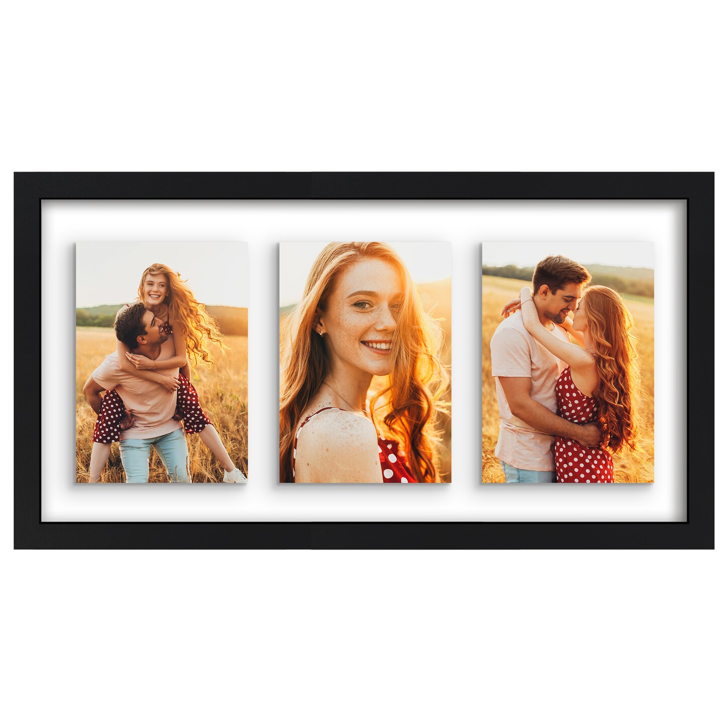 Americanflat Floating Collage Frame - Displays Three Photos with Floating Effect - Shatter Resistant Glass - Hanging Hardware for Horizontal or Verticle Display