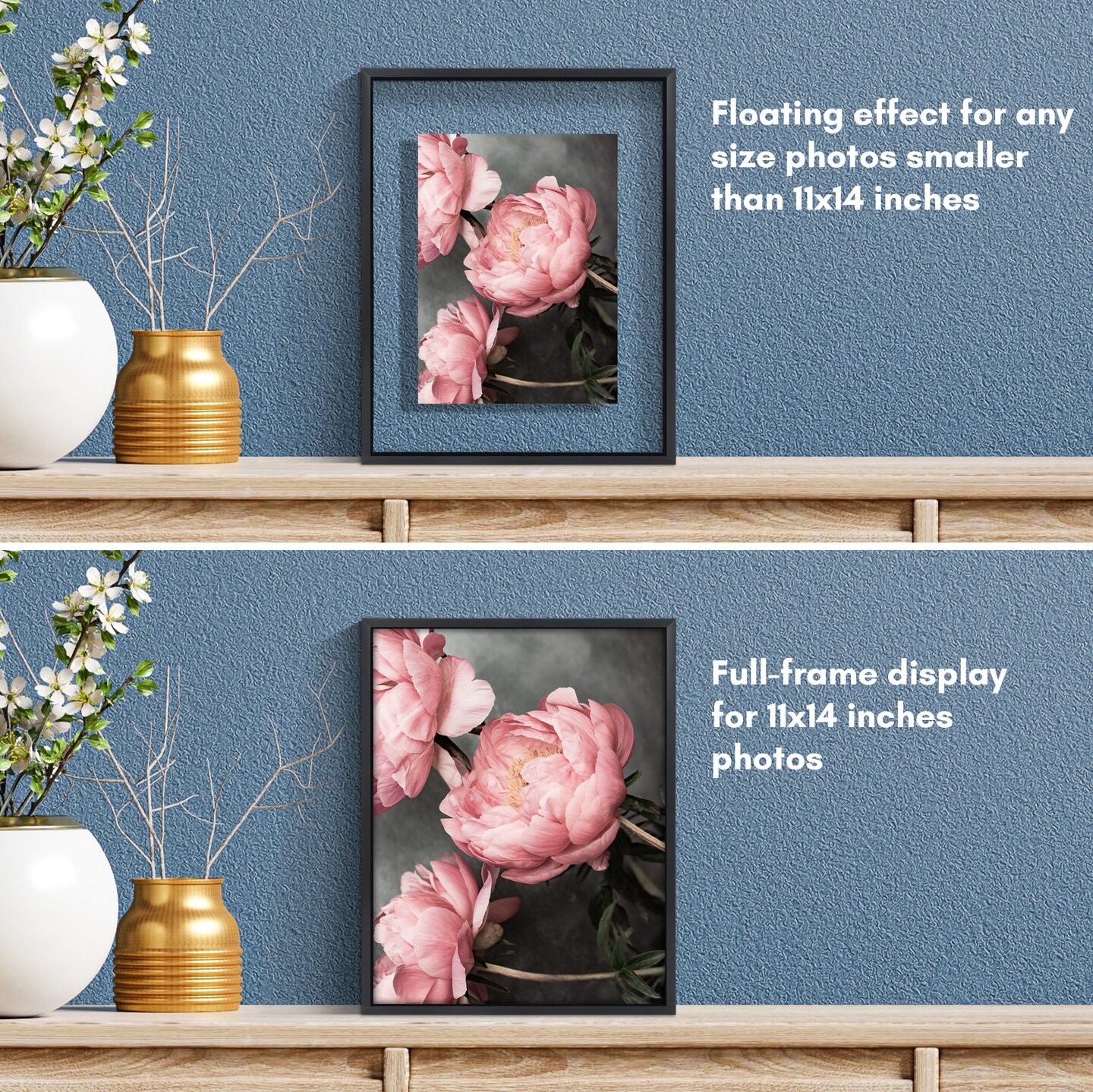 Americanflat Floating Aluminum Picture Frame - Pack of 2 - Multi Pack Photo Frames - Black Metal Molded Frame - Shatter Resistant Glass - Hanging Hardware - Black