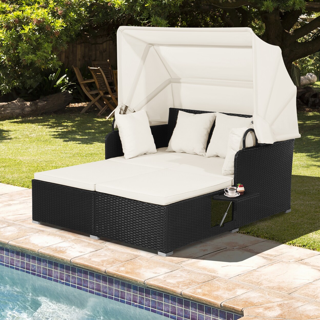 Patio Hand-Woven Pe Wicker Daybed Outdoor Loveseat Sofa Set W/ Off White Cushions
