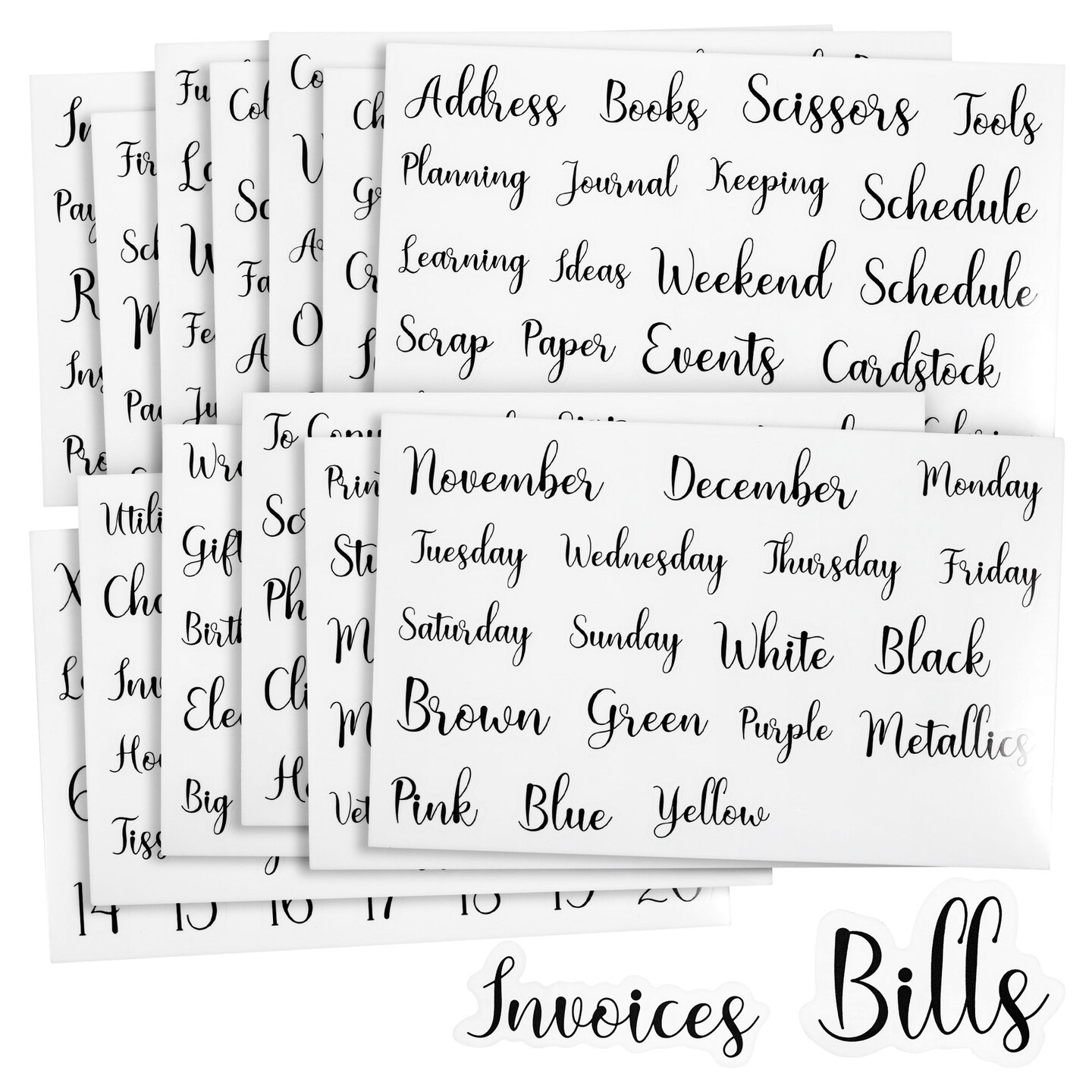 Black Decorative Script Labels for Office Organizing Supplies (13 Sheets)