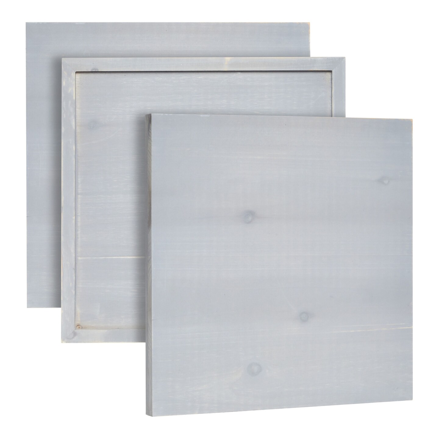 3-Pack Unfinished Wooden Panel Boards, 12x12-Inch Wood Plaque with Brass Sawtooth Picture Wall Hangers and Screws for Paintings, Custom Signs, Menu Boards (Washed Gray)