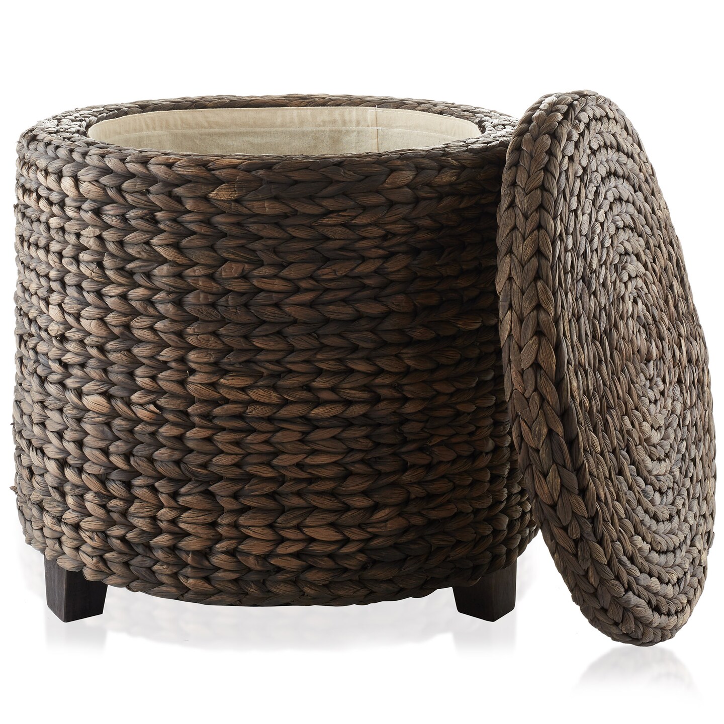 Casafield 17" Round Storage Ottoman with Lid, Handwoven Water Hyacinth Footstool for Living Room, Bedroom, Bathroom, Home Office