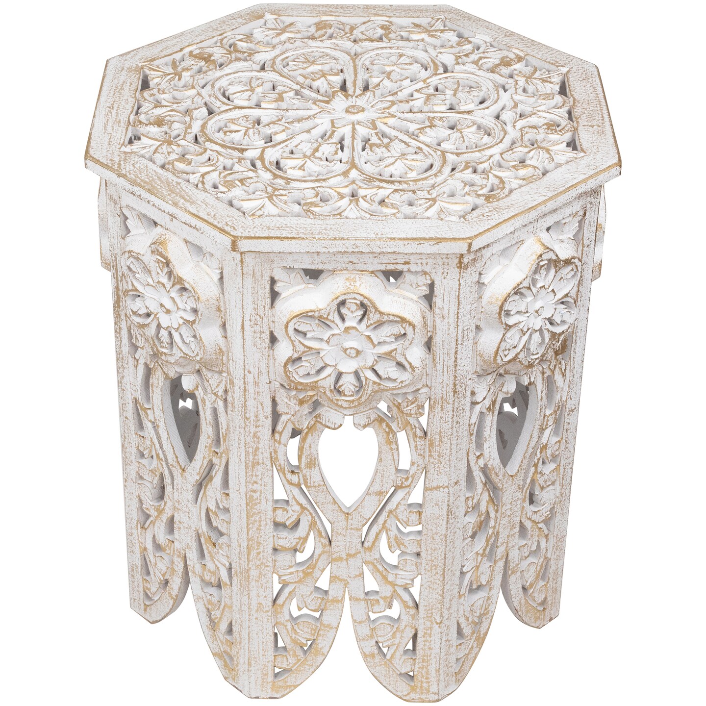 Northlight 18" Antique White and Brushed Gold Carved Octagonal Side Table