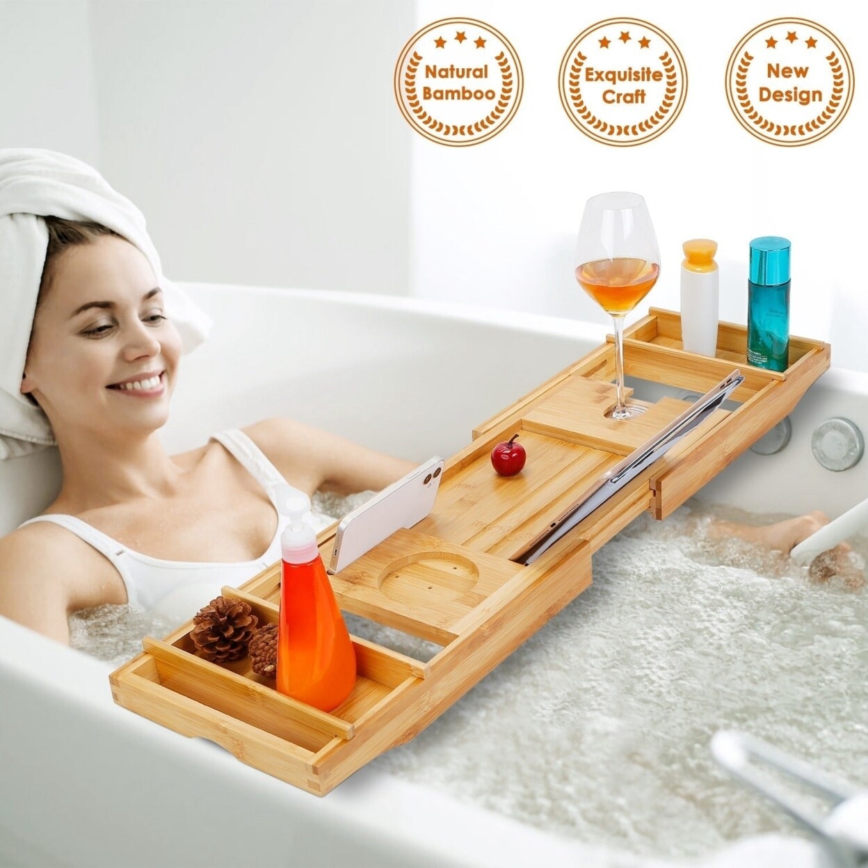 SKUSHOPS Bathtub Caddy Tray Crafted Bamboo Bath Tray Table Extendable Reading Rack Tablet Phone Holder
