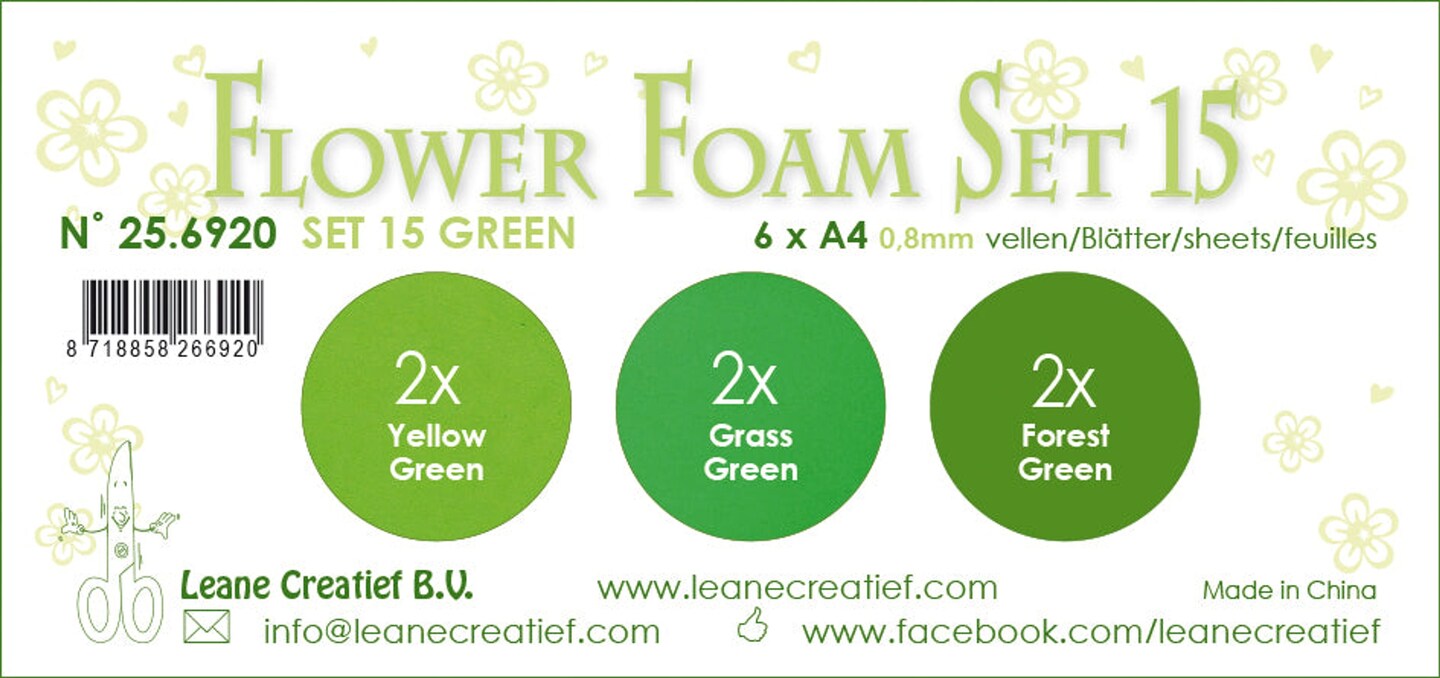 Leane Creatief Flower Foam Set 15, 6 Sheets A4 3X2 Green Colours