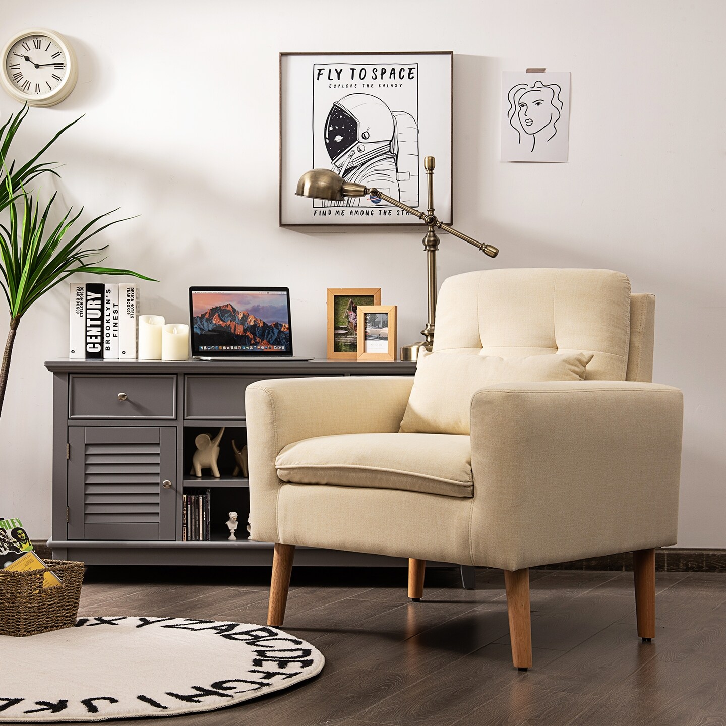 Linen Fabric Single Sofa Armchair with Wide Seat and Comfortable Backrest