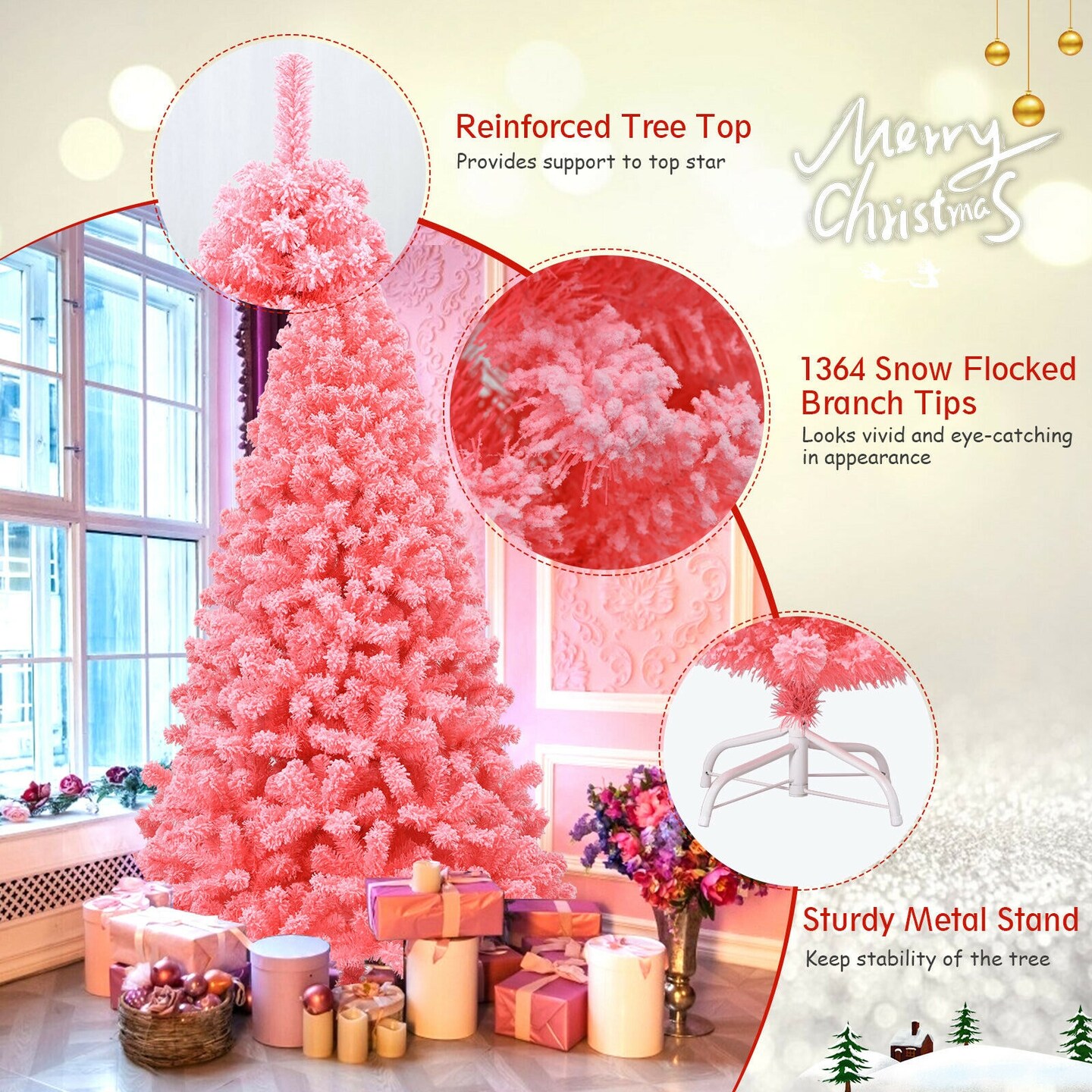 Pink Christmas Tree with Snow Flocked PVC Tips and Metal Stand