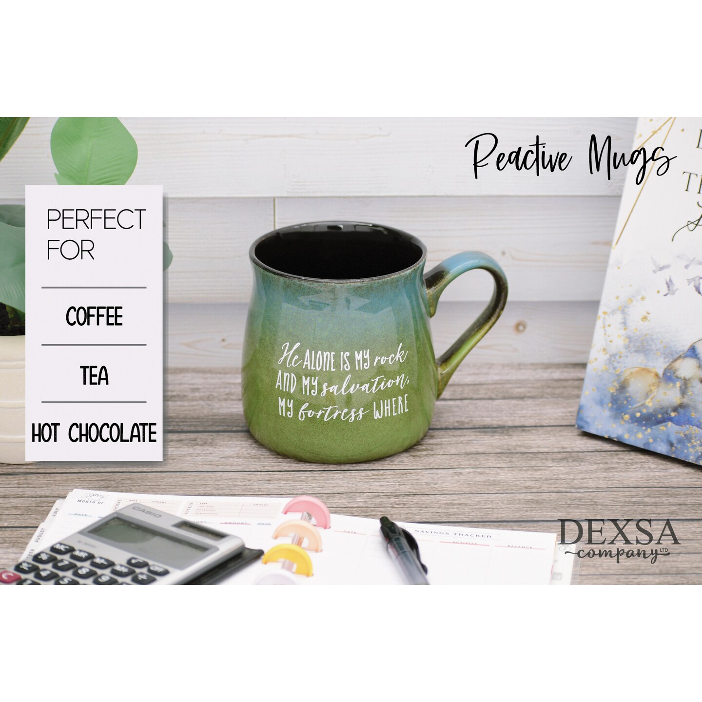 Dexsa Coffee Tea Soup Ceramic Mug | He alone is my rock and my salvation, my fortress where I will not be shaken Psalm 62:6 | 16 ounce Designer Mug with Inspiring Sentiment | Elegant Pottery Look