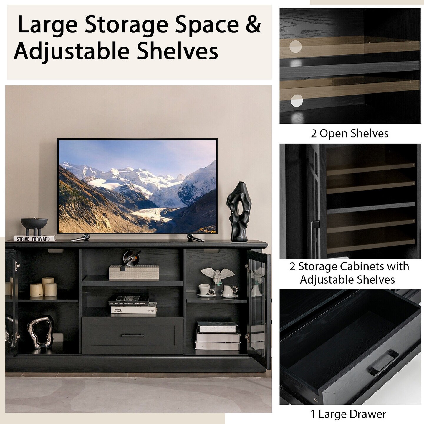 TV Stand for TVs up to 70 with Glass Doors Cubbies and Drawer-Black