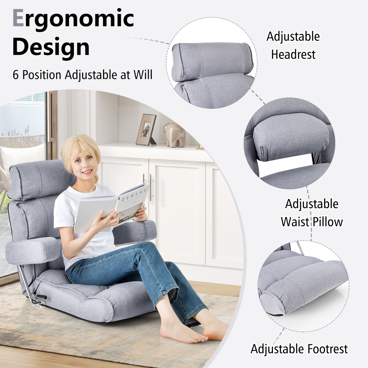 Foldable Floor Sofa Chair with 6-Position Adjustable Headrest and Metal Frame