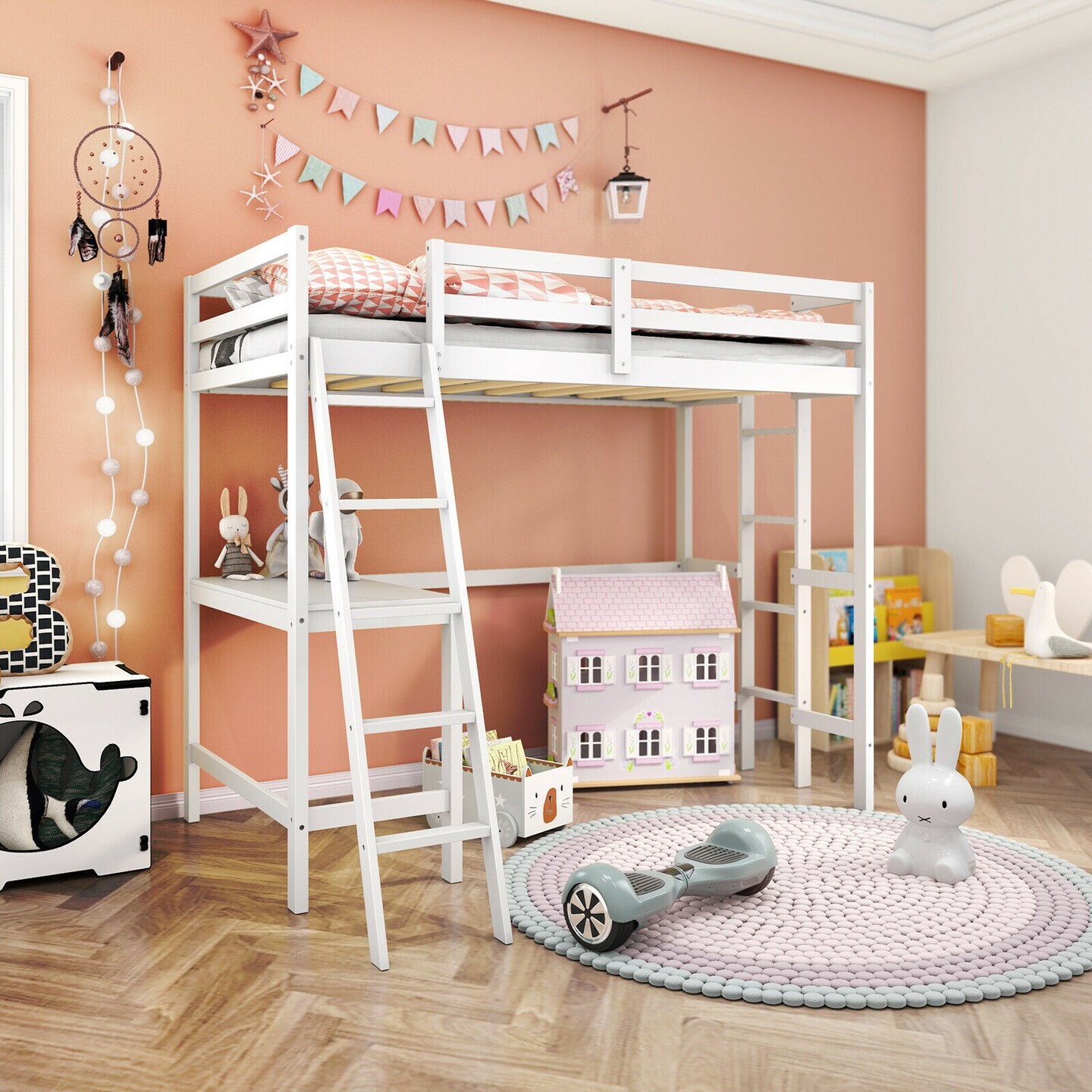 Twin Size Loft Bed Frame with Desk Angled and Built-in Ladder