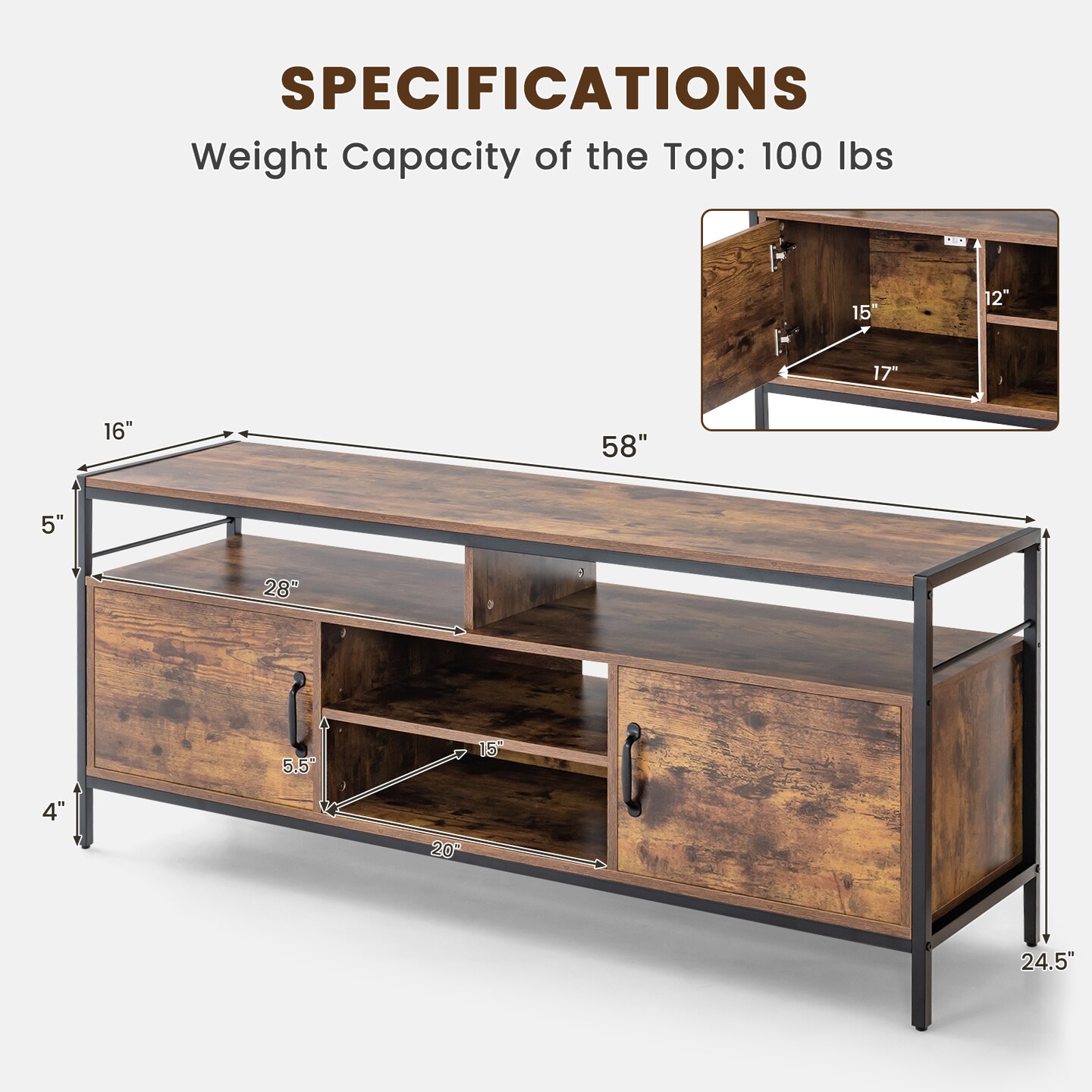 Industrial TV Stand with Cabinets and Adjustable Shelf for TVs -Rustic Brown