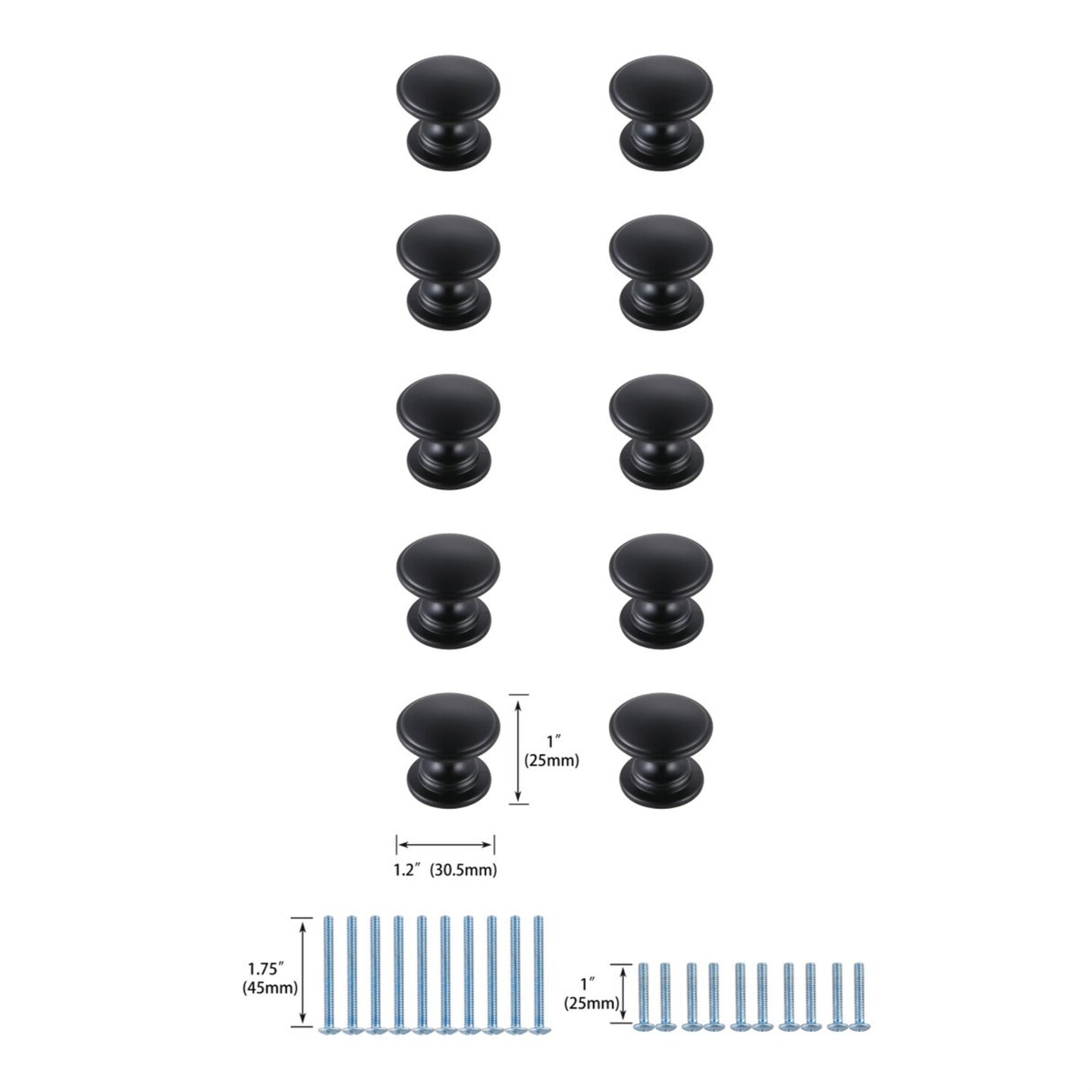 Kaid 1.2" Diameter Matte Black Mushroom Knob Multipack (Set of 10)