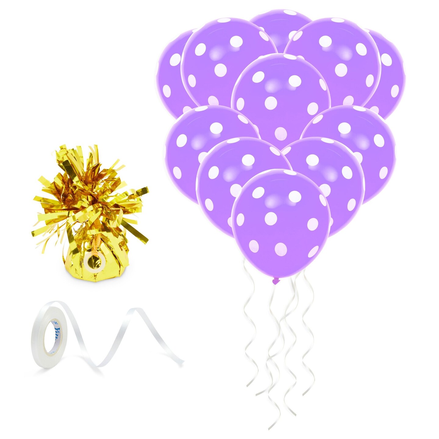 50-Pack 12-Inch Purple Latex Polka Dot Balloons for Birthday Party Decorations Supplies with 1 Gold 2.5x2.5x5-Inch Balloon Weight and 1 Roll of 10mm Wide White String