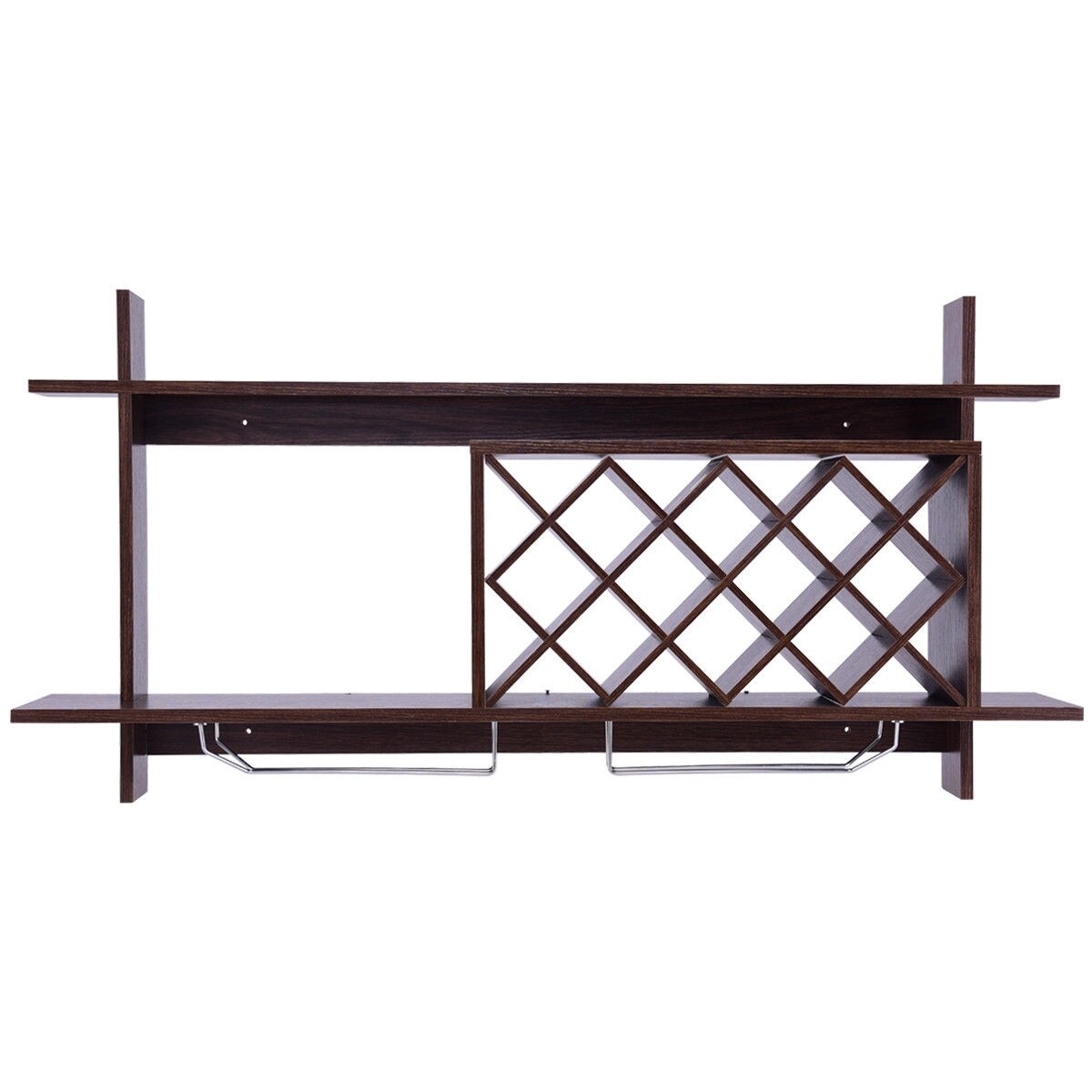 Wall Mounted Wine Rack Walnut MDF Stainless Steel 10 Bottle Storage With Glass Holder Space Saving Kitchen Bar Wine Organizer Shelf