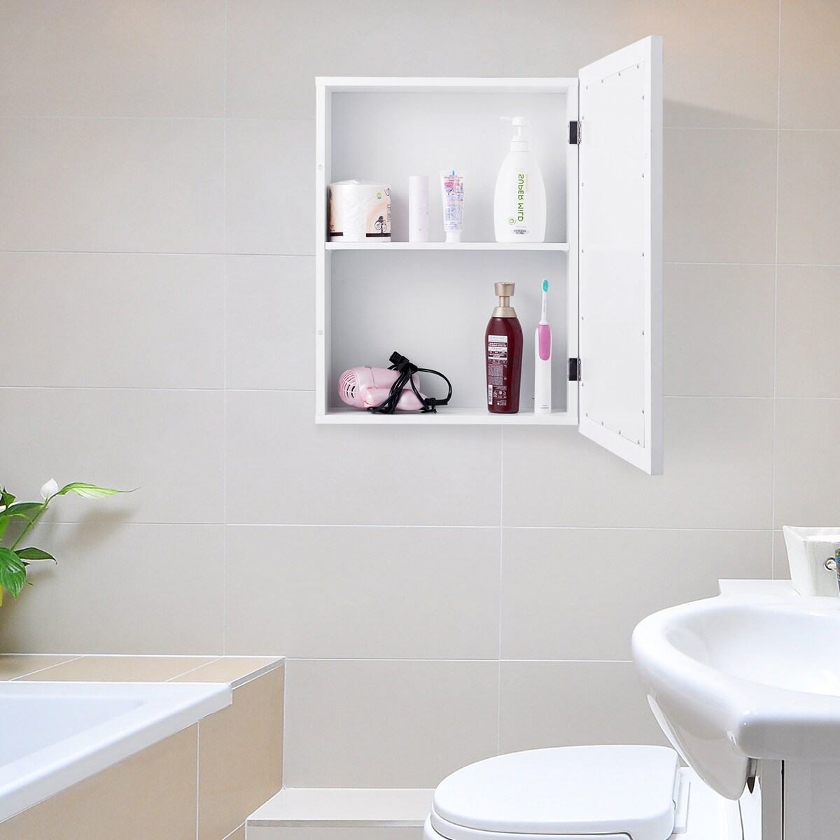 MDF and Glass Wall Mounted Bathroom Cabinet with Mirror and Adjustable Shelves