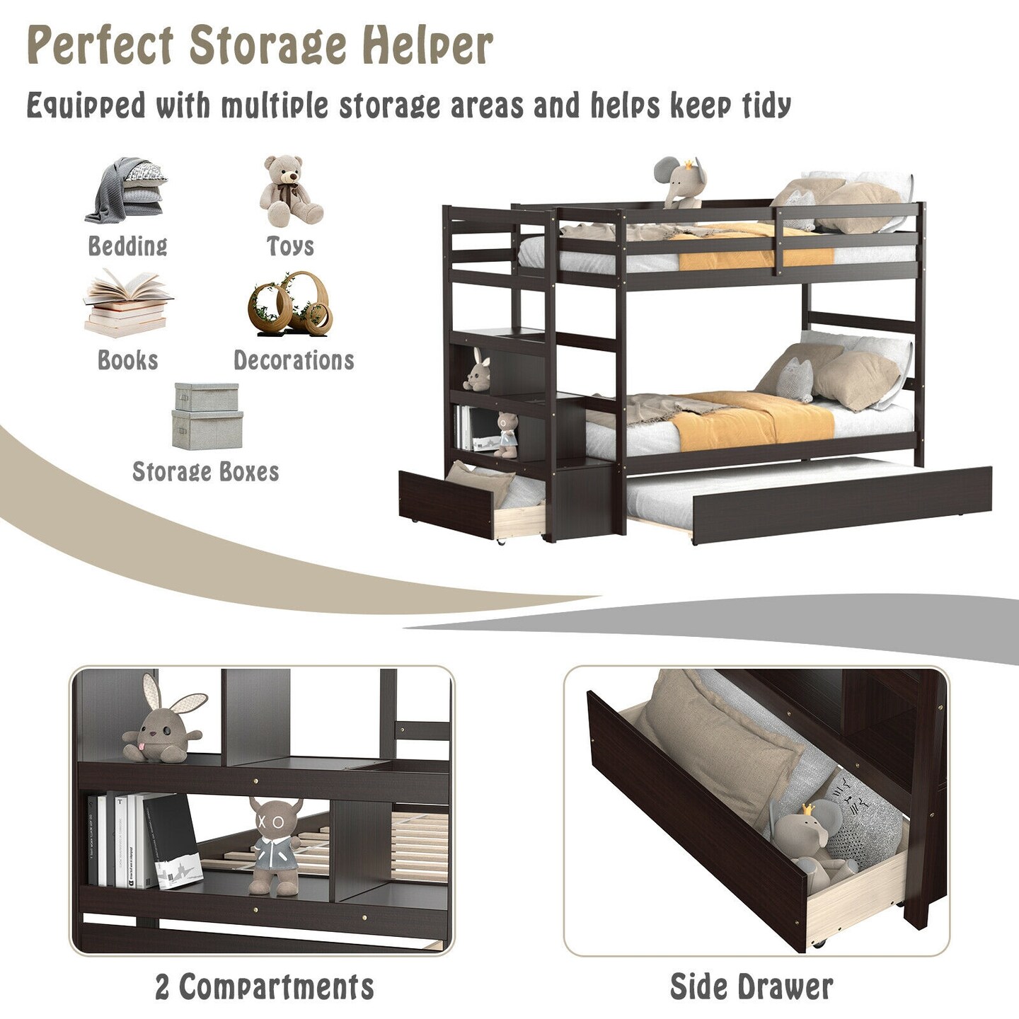 Twin Over Twin Bunk Bed with 3-Step Staircase and Storage Shelf