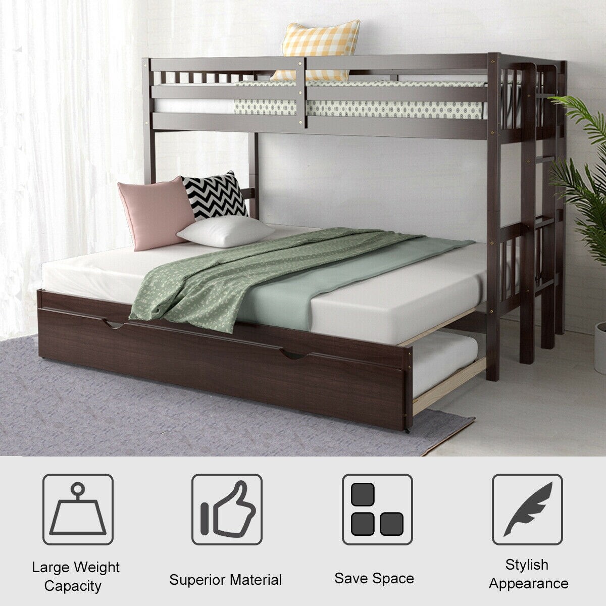 Dark Brown White Wood 4-in-1 Convertible Bunk Bed with Trundle and Ladder