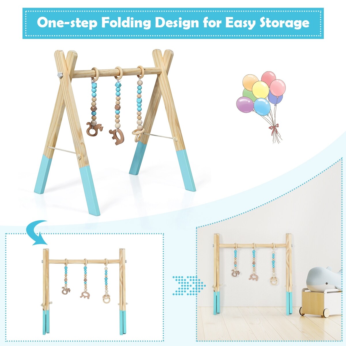 Portable 3 Wooden Newborn Baby Exercise Activity Gym Teething Toys Hanging Bar