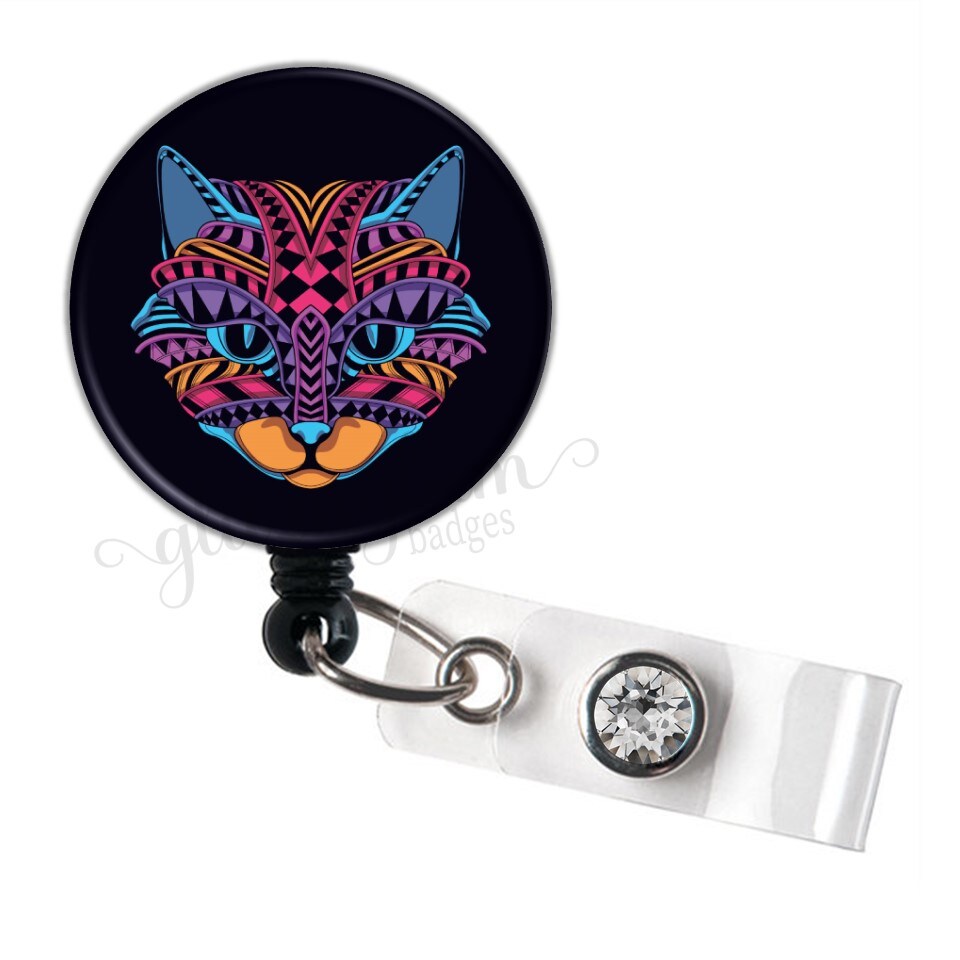 Cool Cat Badge Reel, Tribal Cat Badge Holder, Cat Badge Holder