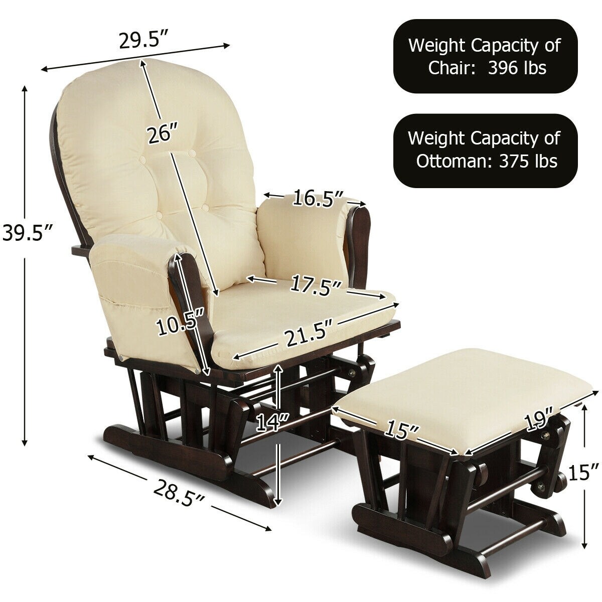Solid Wood Gliding Chair Set with Pockets and Ottoman for Relaxing