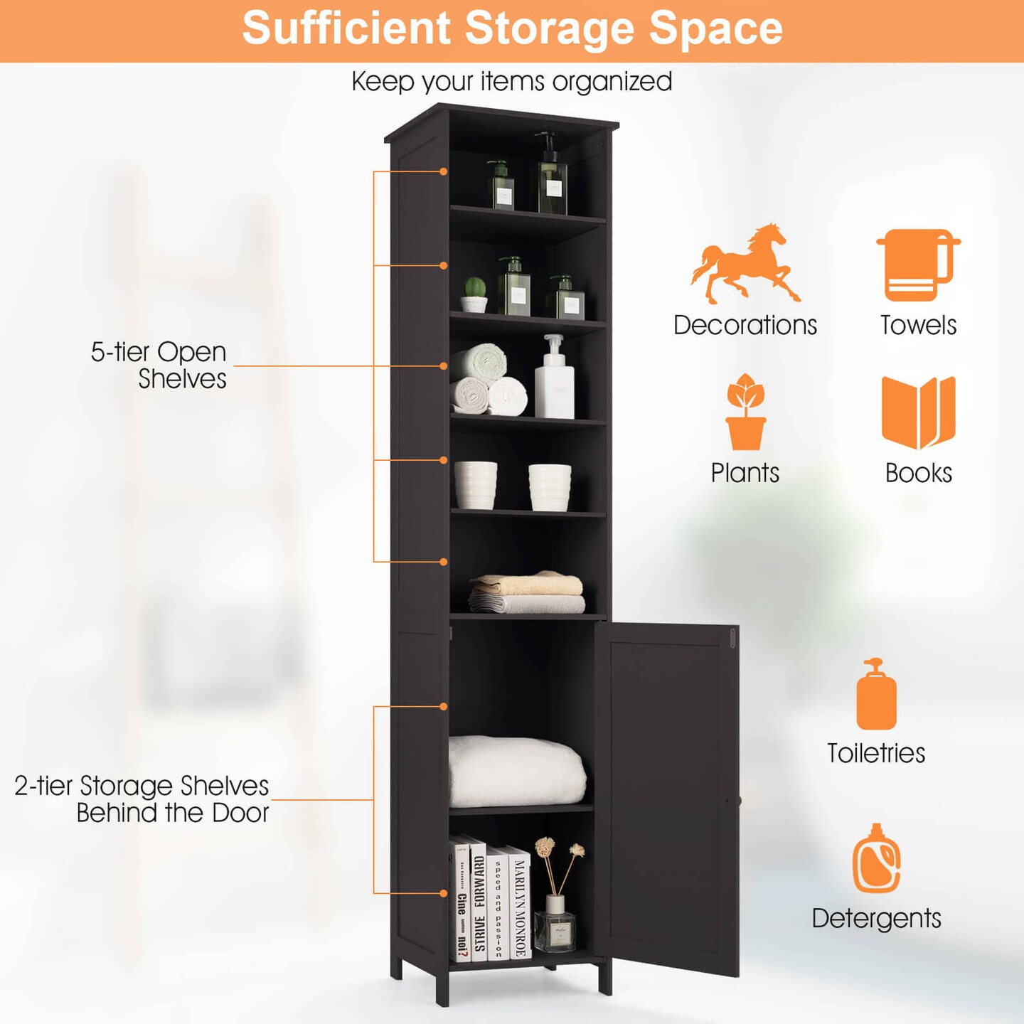 72" Free Standing Tall Floor Bathroom Storage Cabinet with Adjustable Shelves