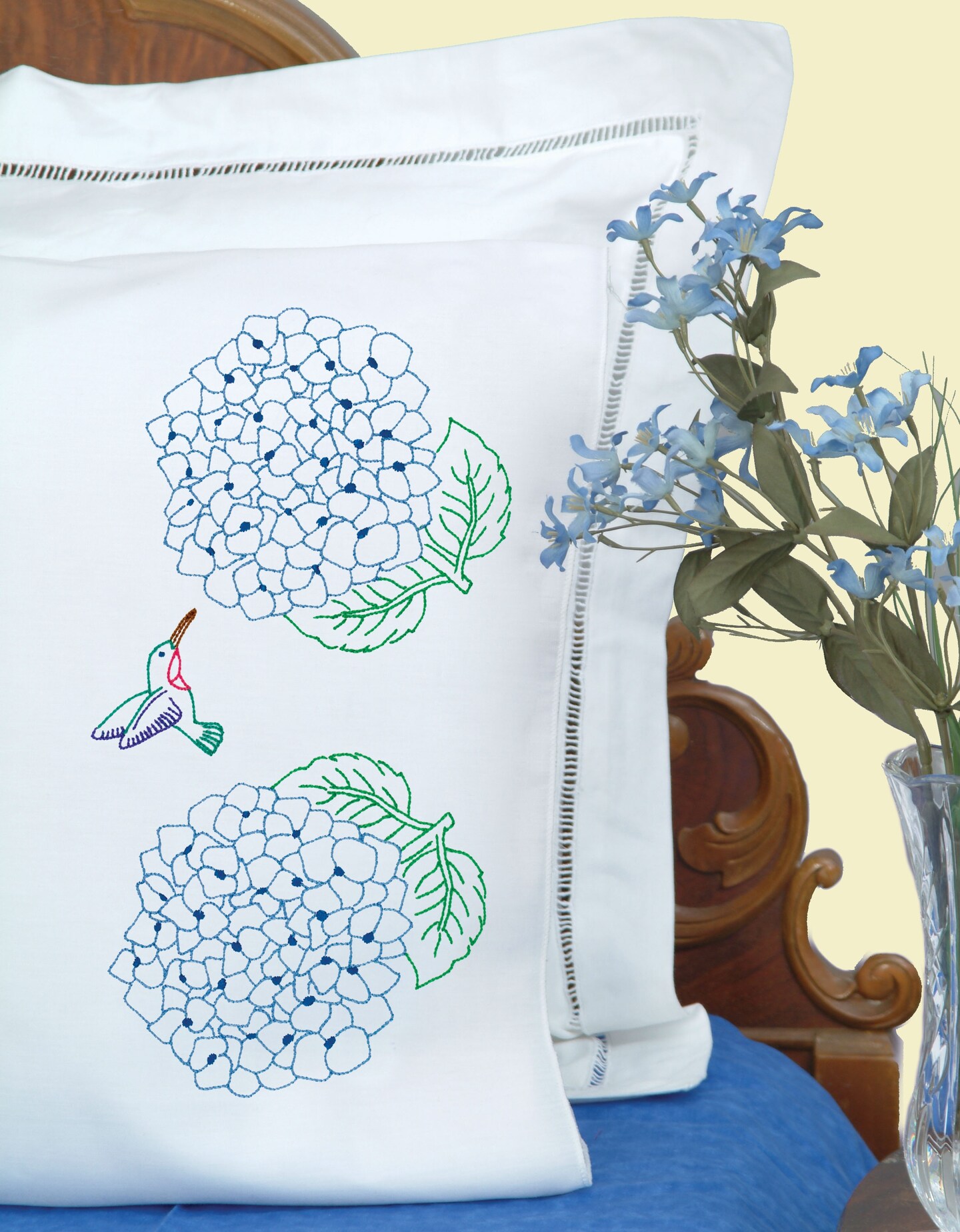 Jack Dempsey Stamped Pillowcases W/White Perle Edge 2/Pkg-Hydrangeas