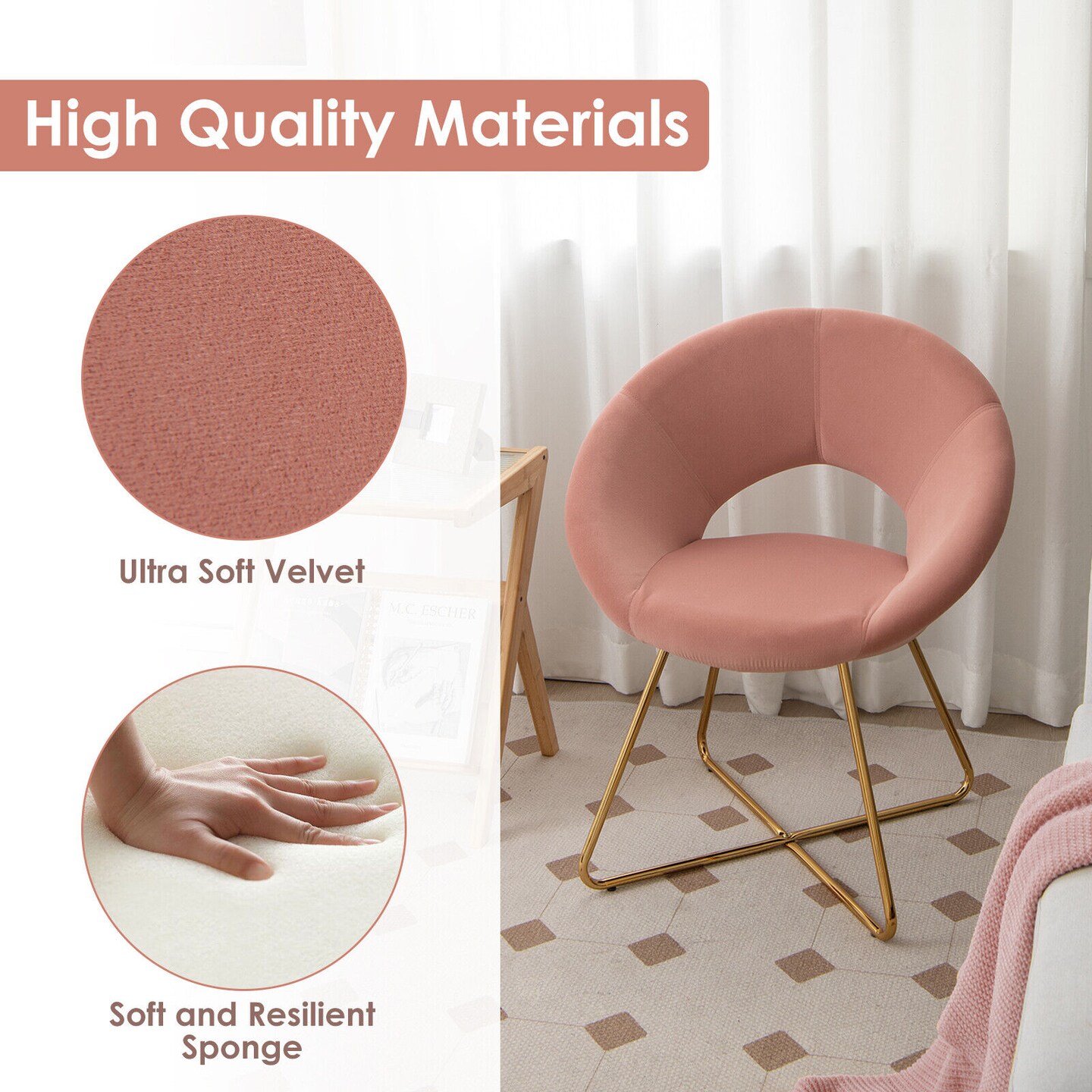 Pink Modern Velvet Accent Chair Vanity Chair with Golden X-Shaped Metal Legs