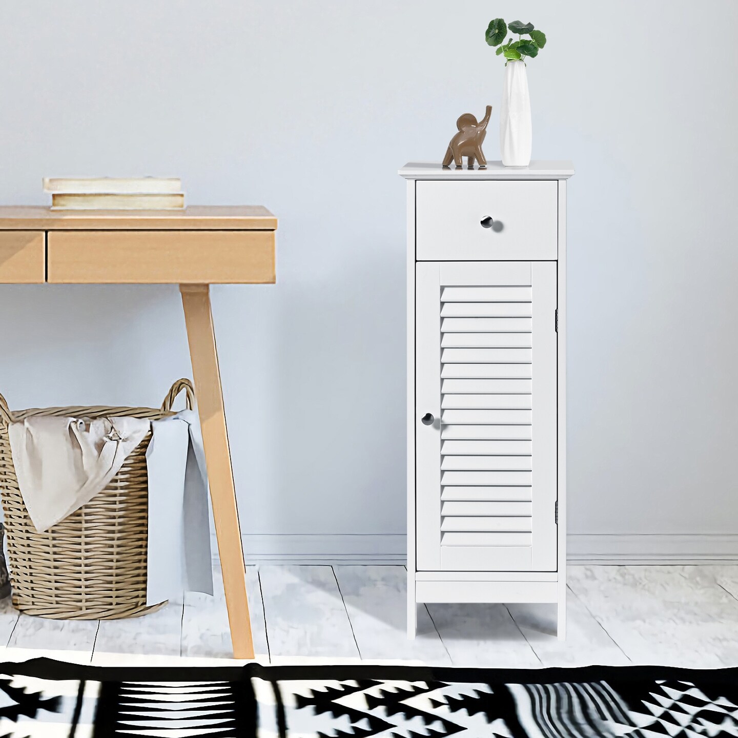 MDF Freestanding Bathroom Cabinet with Adjustable Shelf, Drawer and Shutter Door
