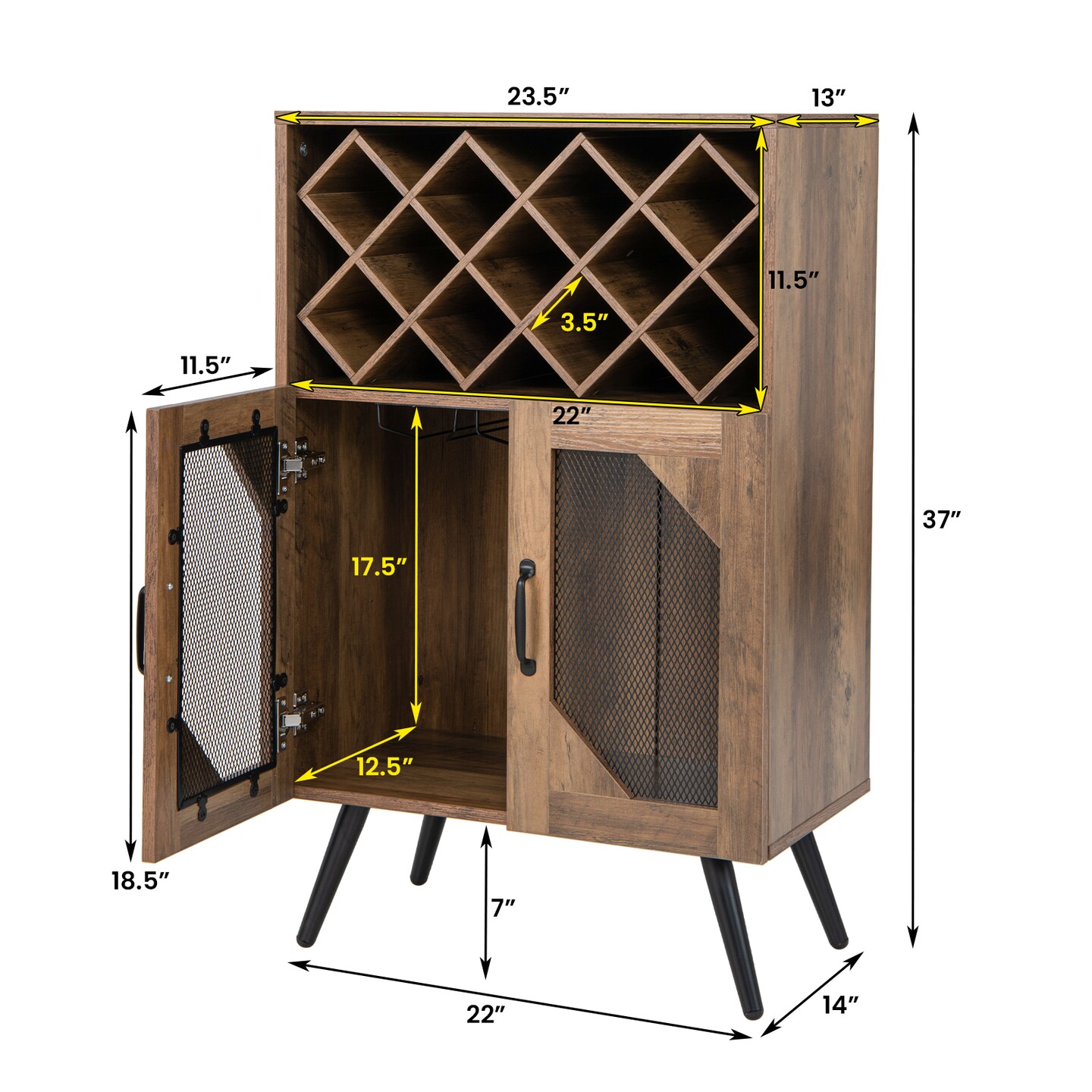 2-Door Farmhouse Kitchen Storage Bar Cabinet with Wine Rack and Glass Holder-Rustic Brown