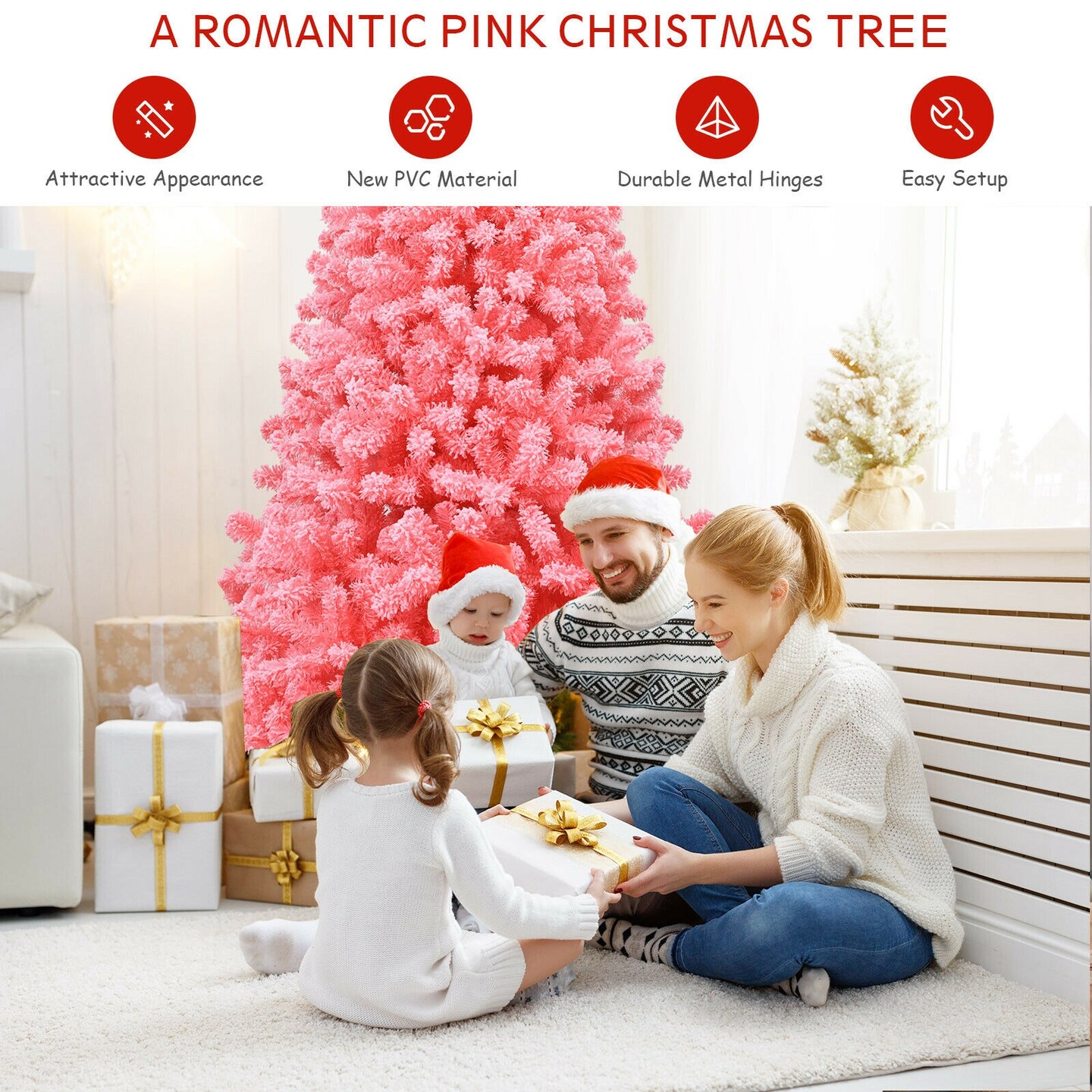 Pink Christmas Tree with Snow Flocked PVC Tips and Metal Stand