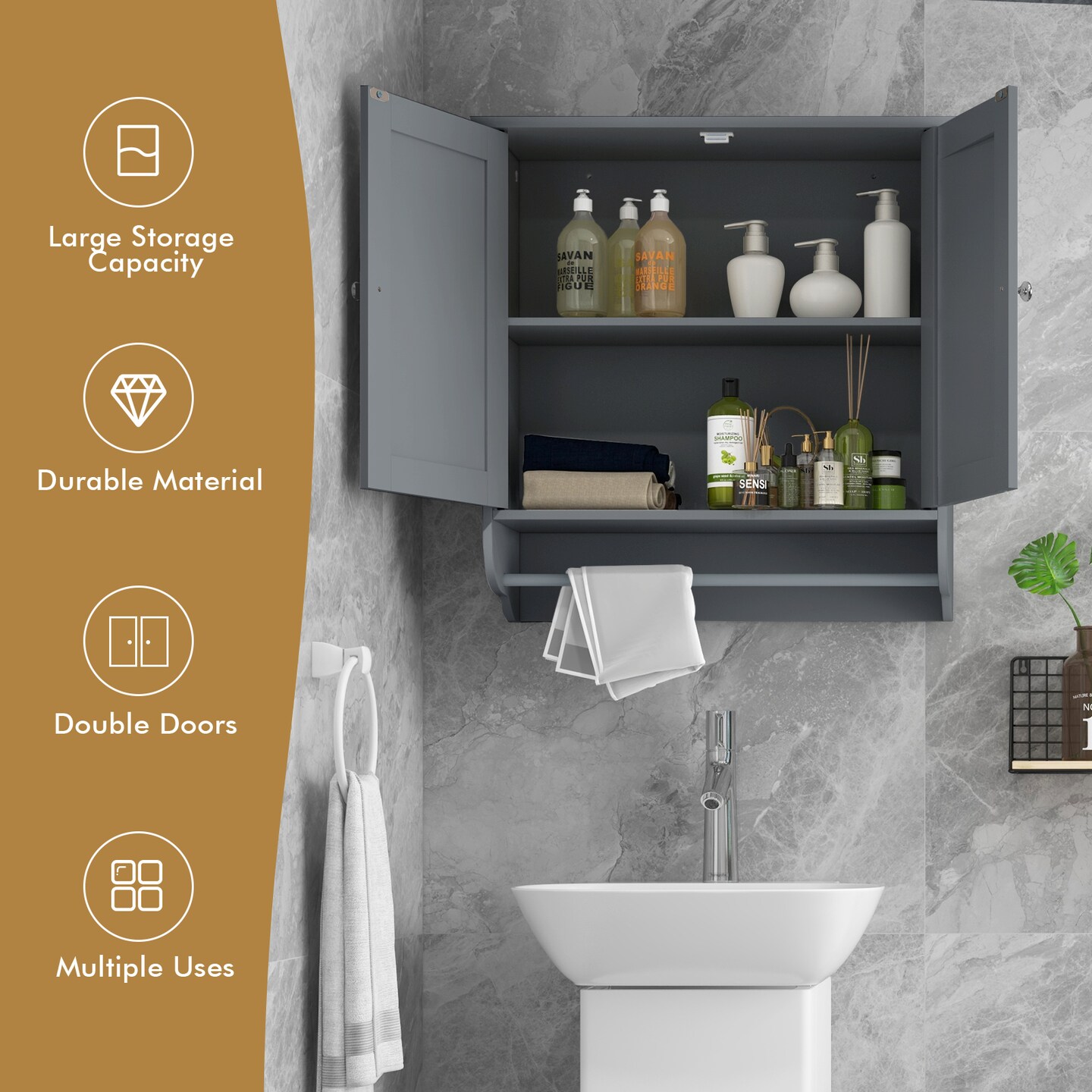 Wall Mounted Bathroom Storage Medicine Cabinet with Towel Bar