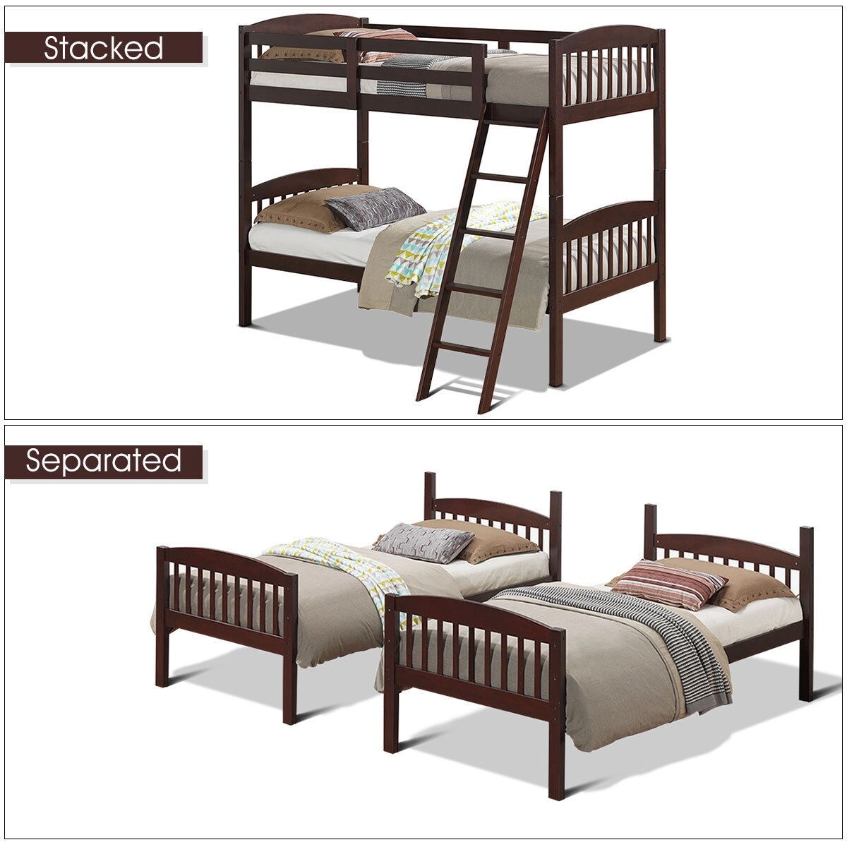 Wood Bunk Bed Twin with Inclined Ladder, Convertible, Safe and Space-Saving