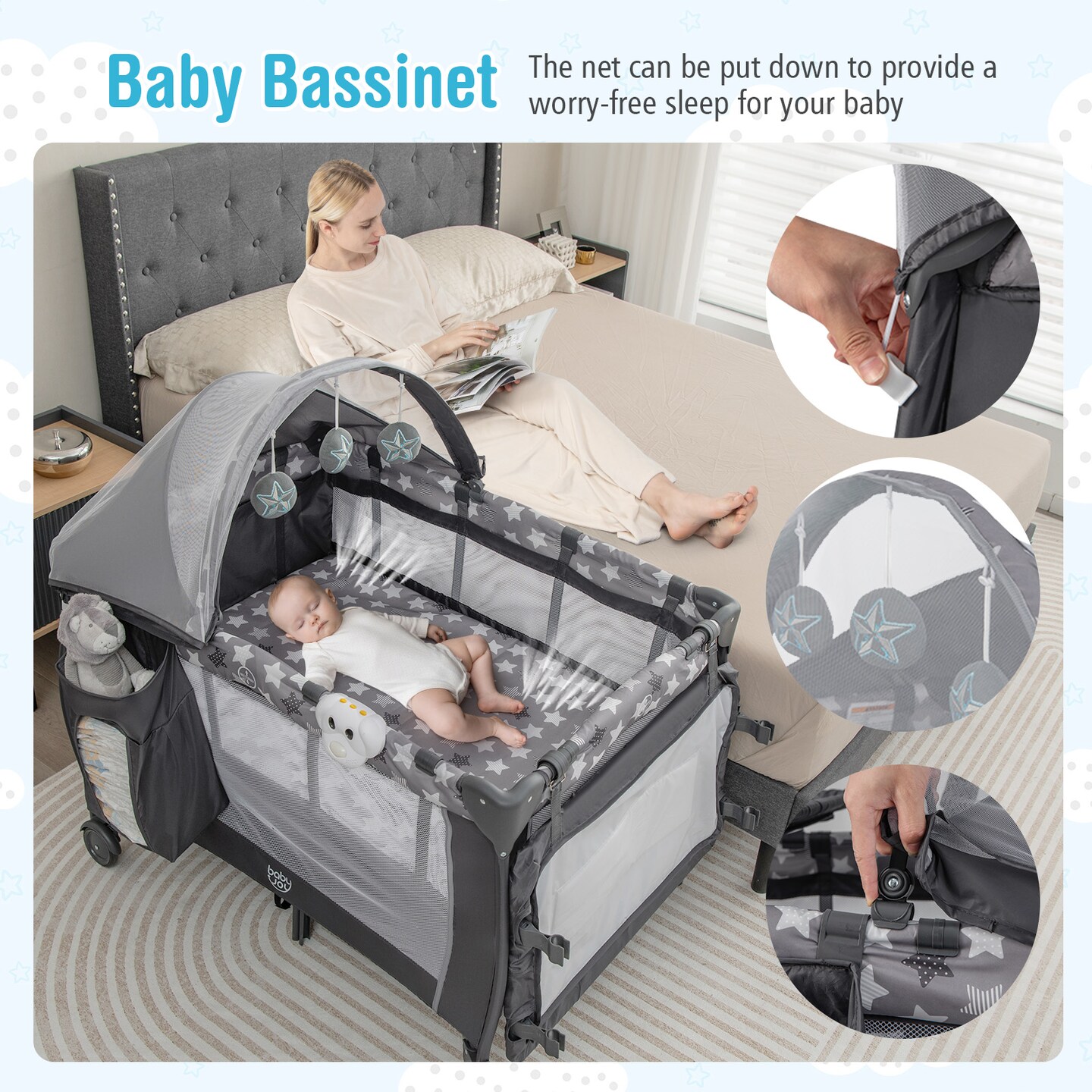 Portable Baby Nursery Center 4-in-1 Portable Travel Crib-Grey